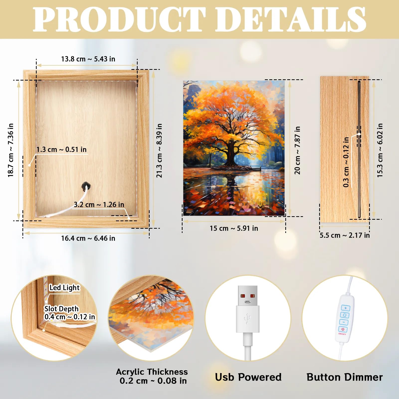Light Up Painting, Autumn Tree Wall Art Picture Light Watercolor Tree Light Up Desktop Art Frame, 10 Brightness USB Powered 3 Lighting Modes, Anxiety Relief Gift for Bedroom Home-Without Acrylic Panel