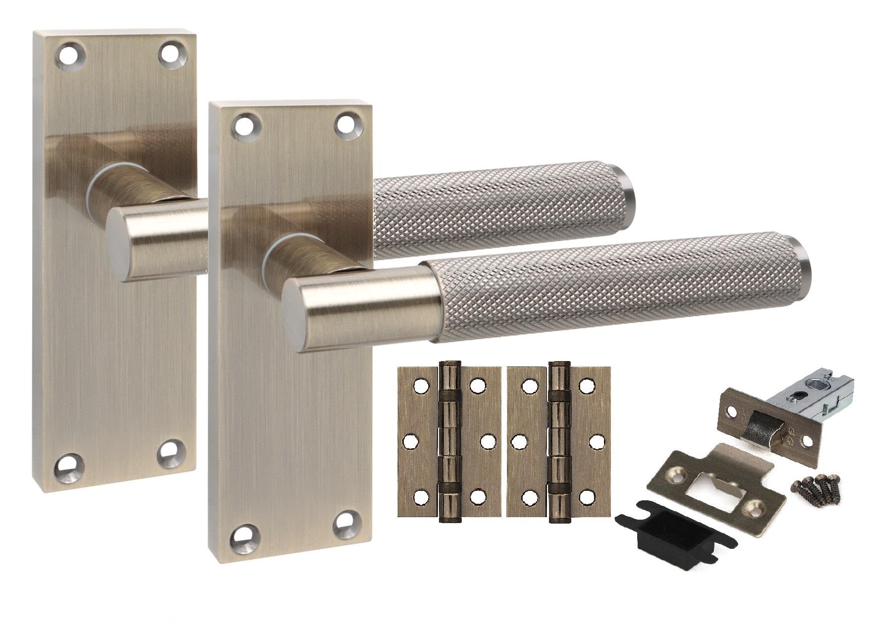 Golden Grace 1 Pair Victorian T-Bar Knurled Internal Door Handle Sets Antique Brass 120 x 40mm with 2.5" Latch & Hinges