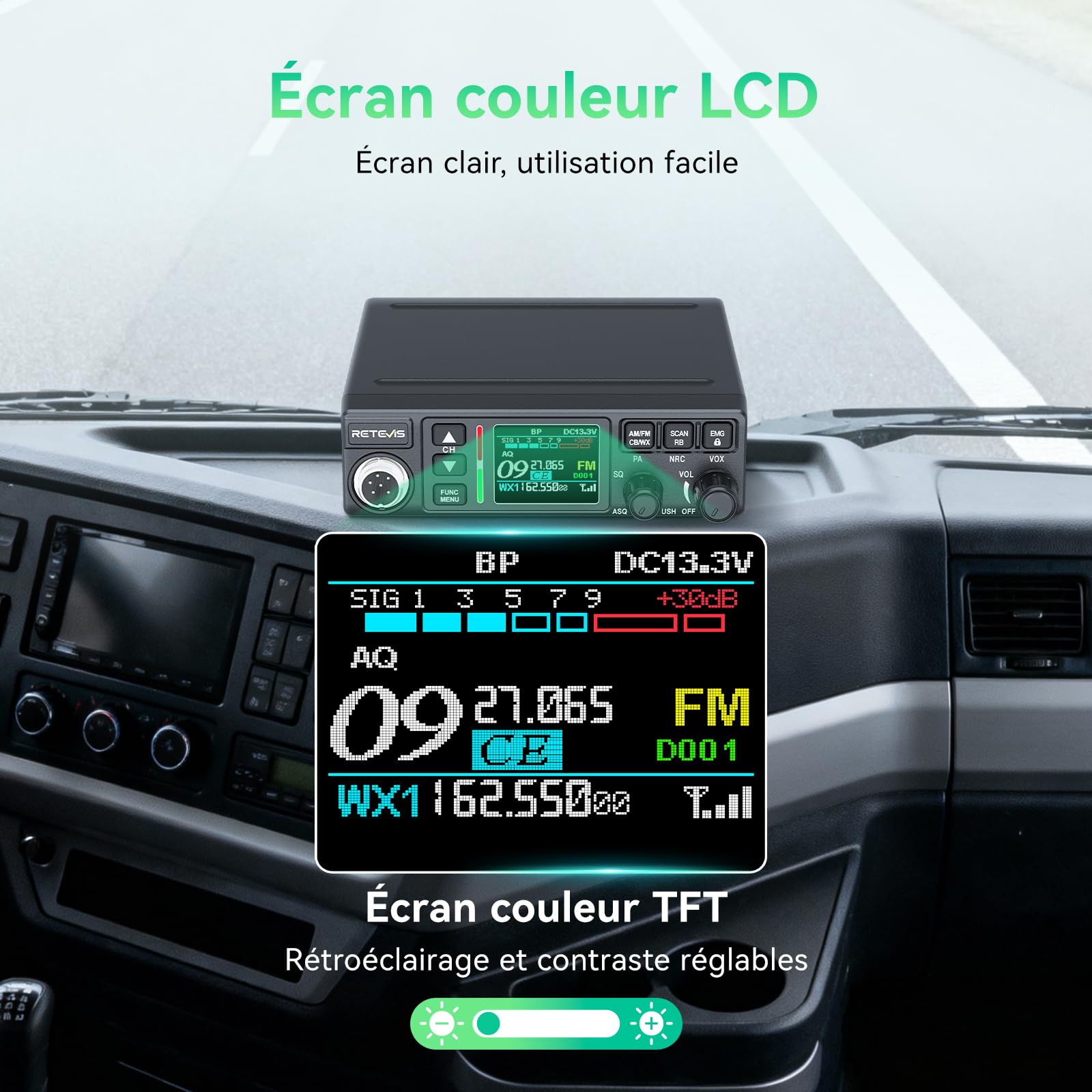 Retevis MB63B Radio Portable CB avec NRC, TFT écran Couleur CB Radio, 12/24V, AM/FM, CTCSS/DCS, Gain RF/MIC, EMG CH9/19, 40-Canaux, VOX, CB Portable Longue Portée pour Les Déplacements(1 Unité, Noir) - 4