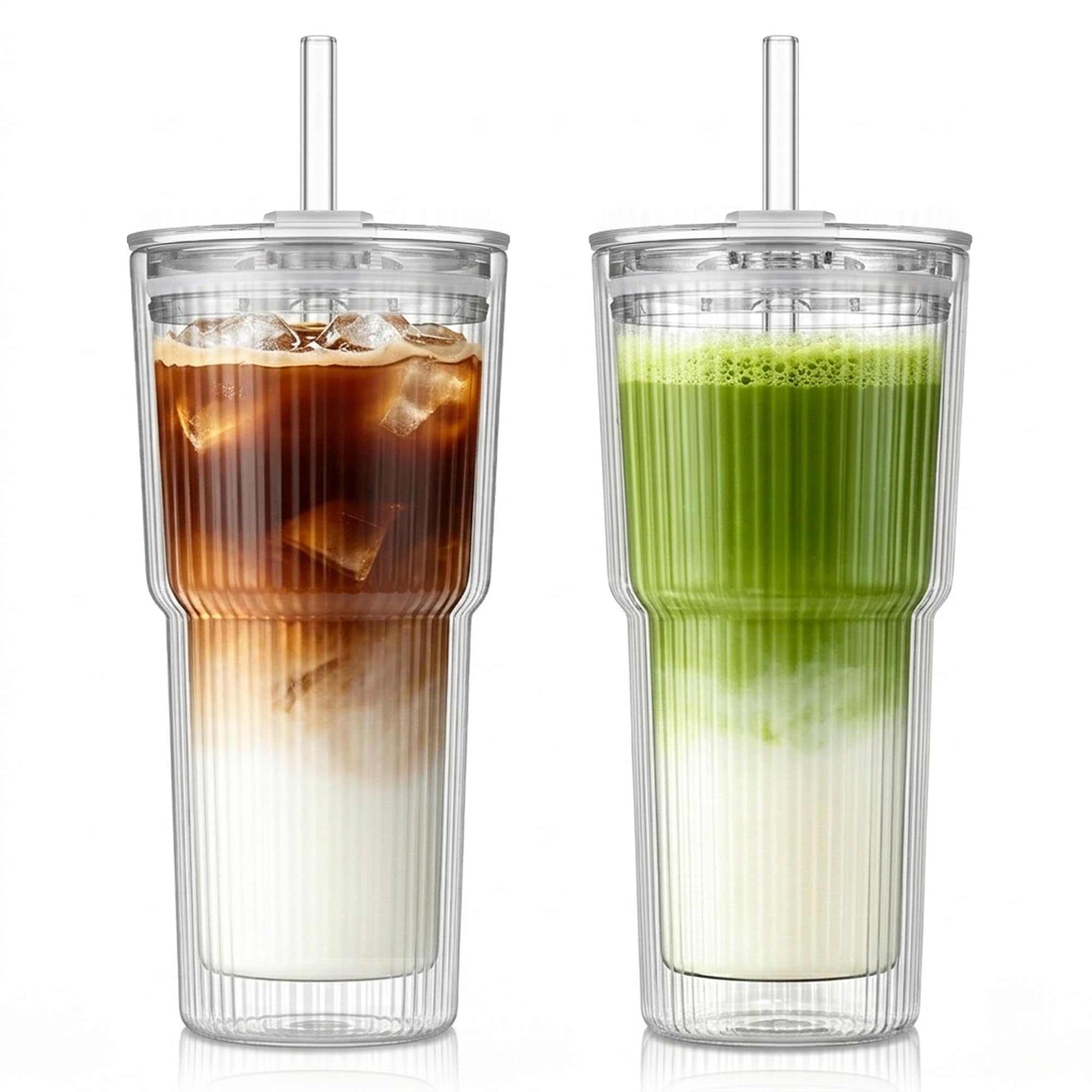 KEMORELA Confezione da 2 tazze in vetro a doppia parete da 600 ml, con coperchio e cannucce, tazze isolanti per caffè ghiacciato, per Matcha, latte, frullati e bubble tea, bicchieri estetici in vetro