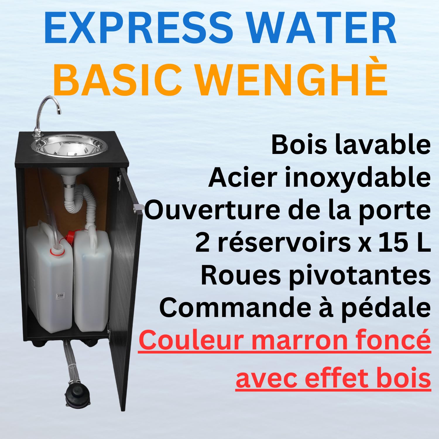 Express Water Basic Dark, Lavabo Portable Autonome Transportable, avec Réservoir d'Eau, en Acier Inoxydable, avec Commande à Pédale, Certifié, pour Magasins et Cabinets Médicaux