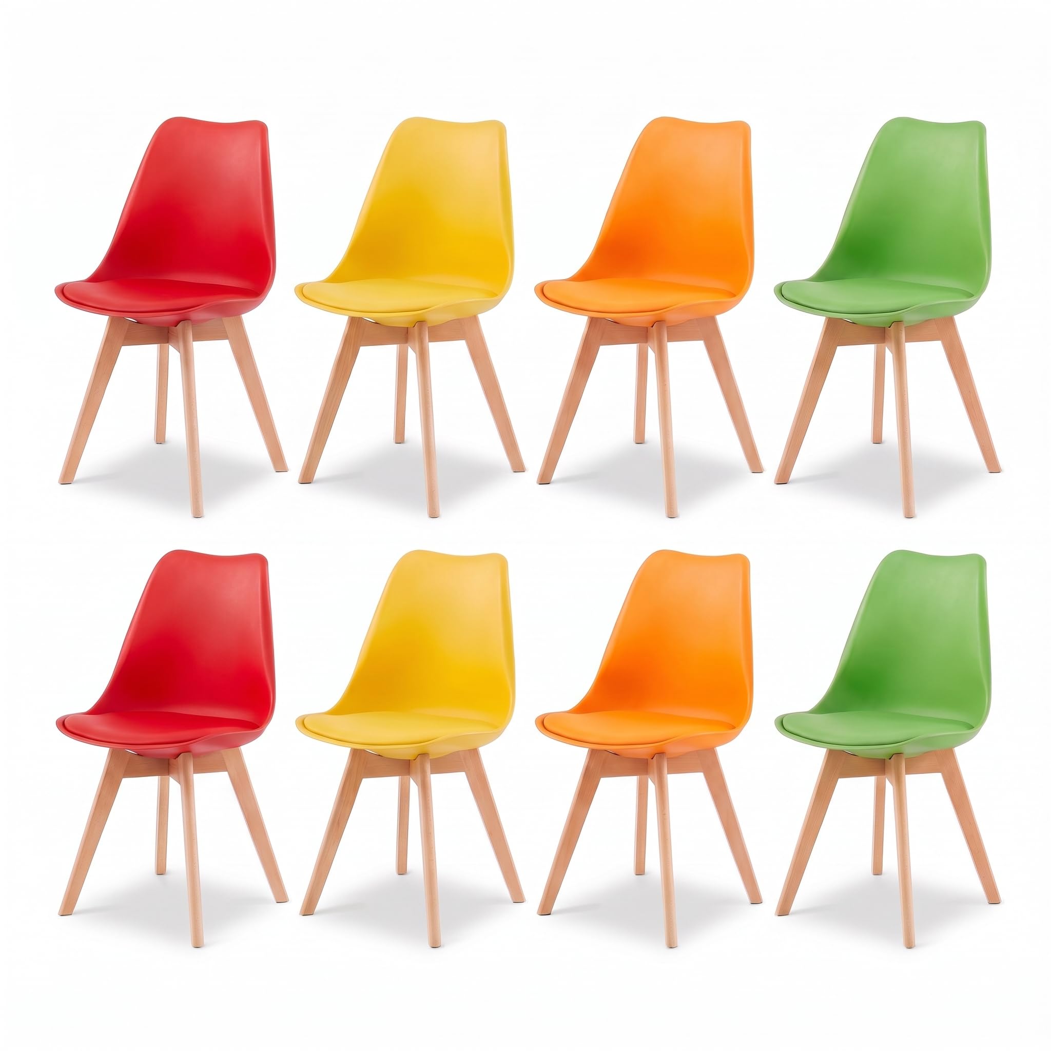 EGGREE Set of 8 Dining Chairs with Ergonomic Plastic Backrest & Beech Wood Legs with Anti-Slip Felt Pads, 120KG Capacity Multicolour Retro Kitchen Chairs (Red, Yellow, Green, Orange)