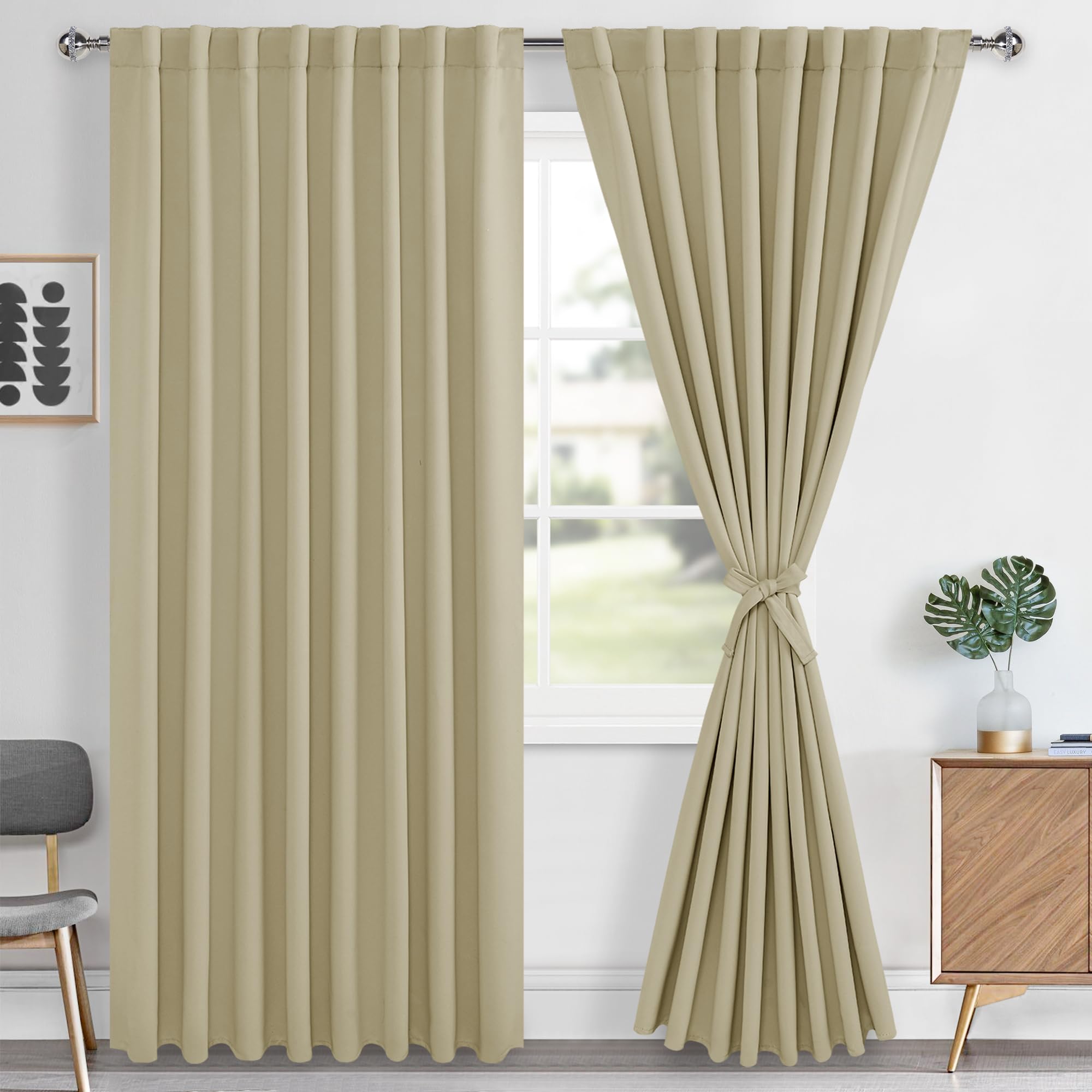 Hiasan Back Tab and Rod Pocket Blackout Curtains Sewn with Tiebacks - Thermal Insulated Room Darkening Curtains for Living Room 70x96 Inch, Biscotti Beige, 2 Panels