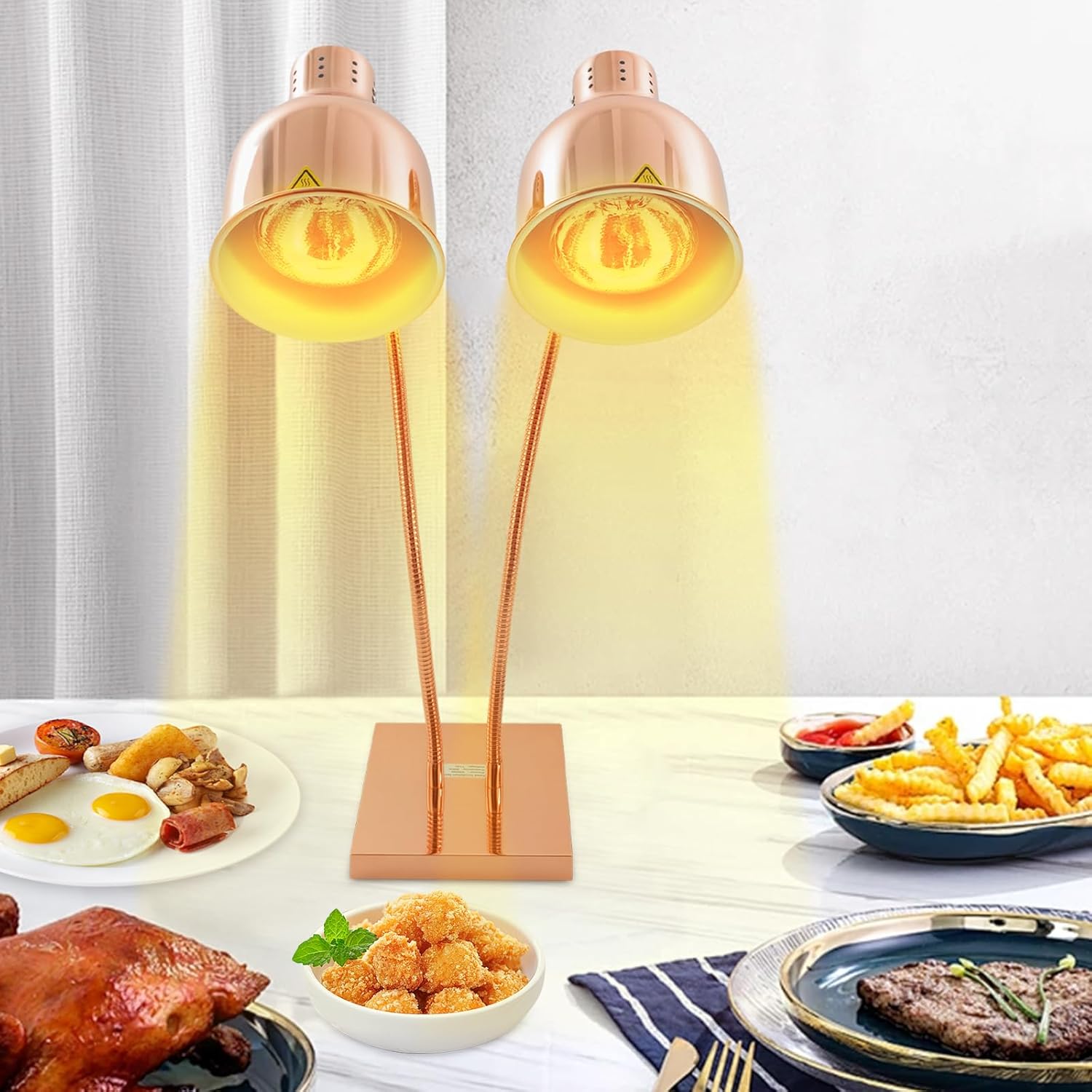 Food Heat Lamp, 500W Commercial Food Warmer Lamp with Dual Heads & Flexible Arm, Electric Portable Infrared Heating Lamp with 360°Adjustable Head for Restaurant Kitchen Buffet Table (Rose Gold)