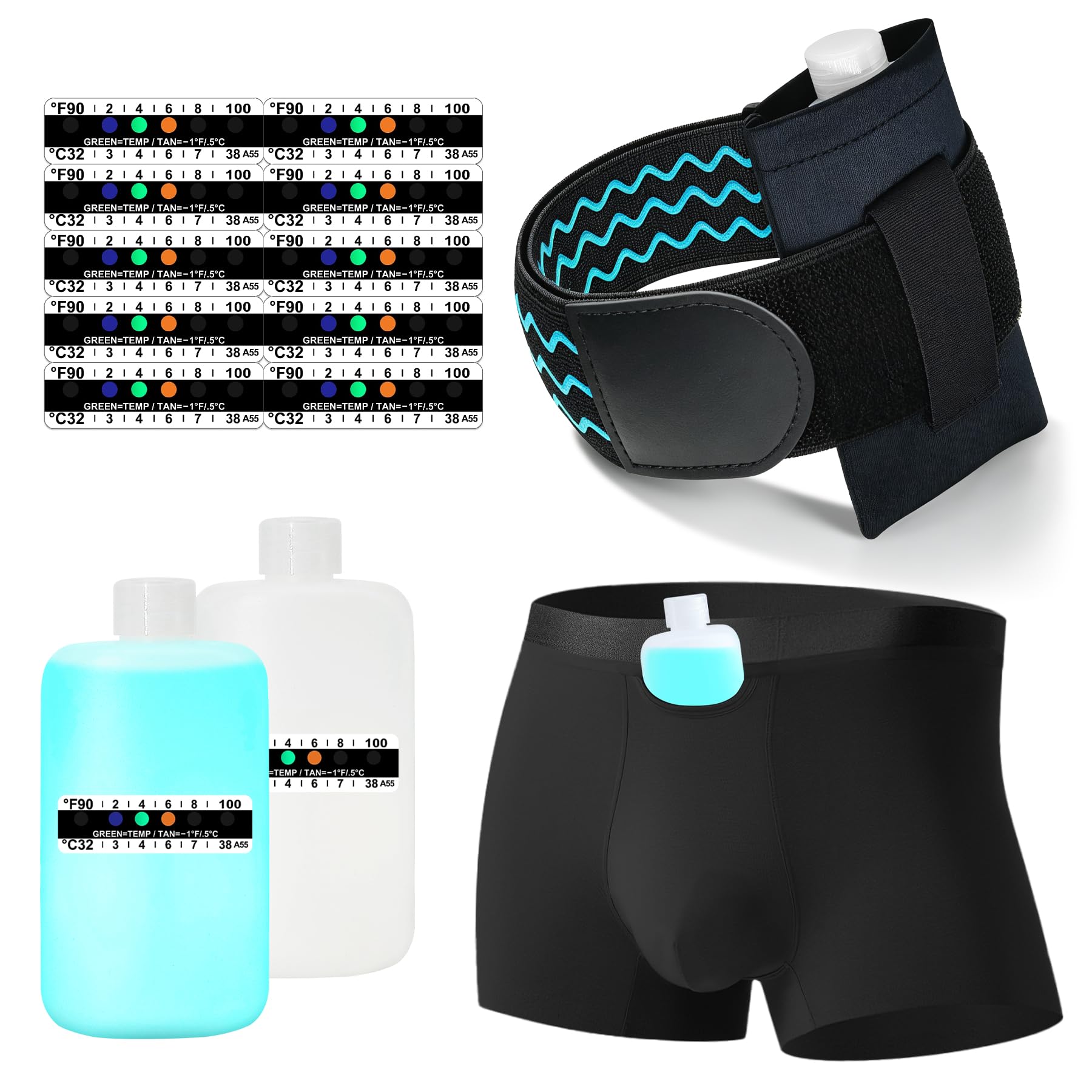 Photo 1 of Urine Test Complete Kit - 2 Urine Empty Bottles of 3.5 oz Each, 1 Hi-Stretch Hidden Leg Strap, 10 Temperature Test Strips and 1 Storage Pouch, 1 Lining Pocket Boxer Brief for Travel Testing (M)