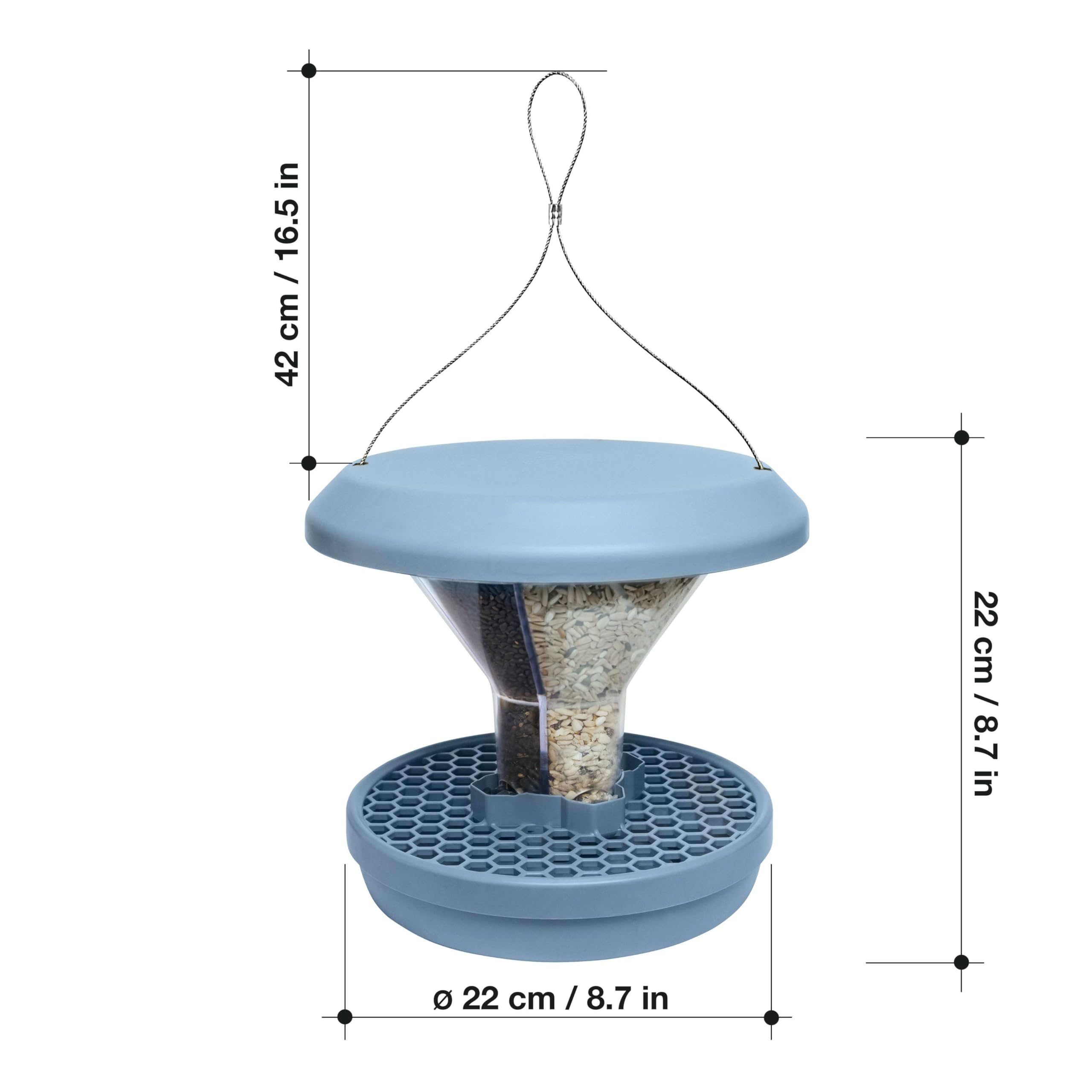 SWISSINNO Comedero para Pájaros Colgante – Davos Smart Birds - Dispensador con Bandeja - Tolva Segura contra Roedores - para Jardín y Balcón - Azul Claro