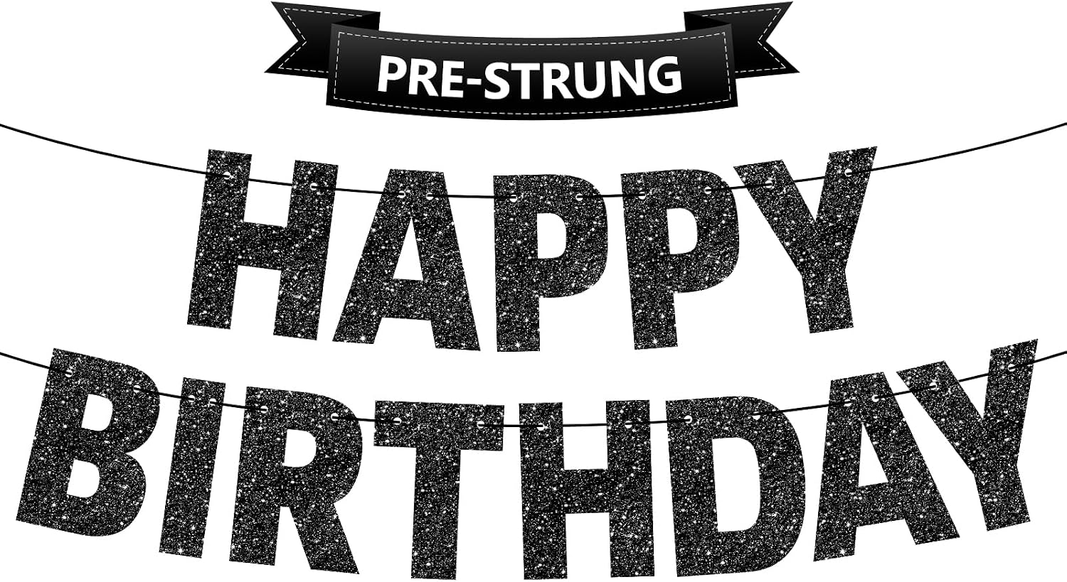 Pre-Strung Happy Birthday Banner - NO DIY - Black Glitter Birthday Party Decorations for Men Women Boys Girls - Pre-strung Birthday Sign on 9.8 ft Strands