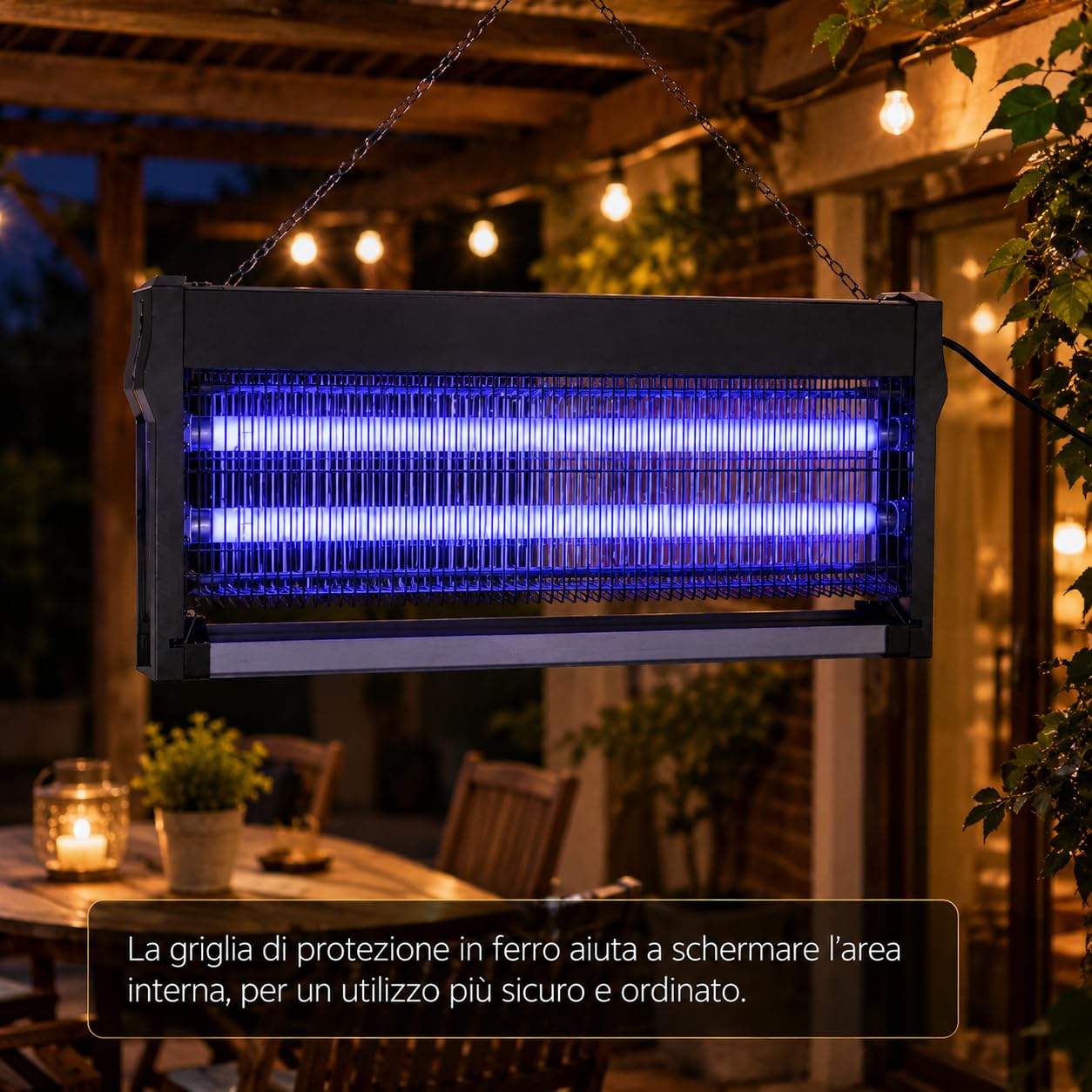 Zanzariera Elettrica 40W con 2 Lampade UVA - Copertura 150 mq | Zanzariera elettrica 40W con 2 lampade UVA, copertura 150 mq, cassetto estraibile, griglia in ferro e catena.