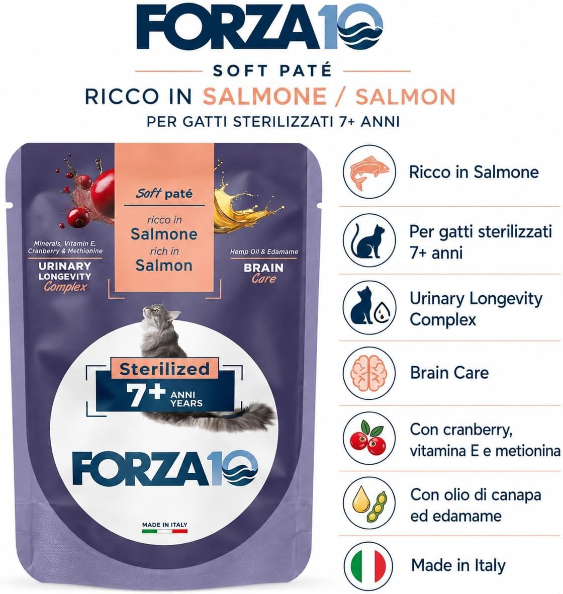 Soft Patè Gatto Salmone 7 anni sterilized– Forza10 Cibo Umido per Gatti Anziani sterilizzati di tutte le Taglie e Razze,Monoproteico,24 Bustine x 80g, Alimento Completo.