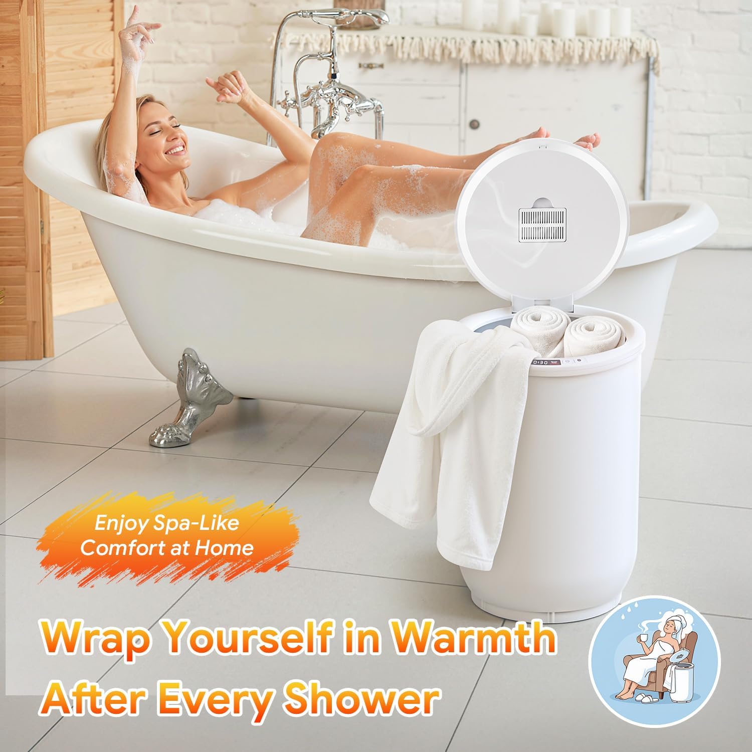 POWSAF Towel Warmer, Luxury Towel Warmers for Bathroom, Large Blanket Heater Bucket, Aroma Tray for SPA, Auto Timer and Protection Feature, Fits Oversized Towels, Blankets, Bathrobes, PJs, and More