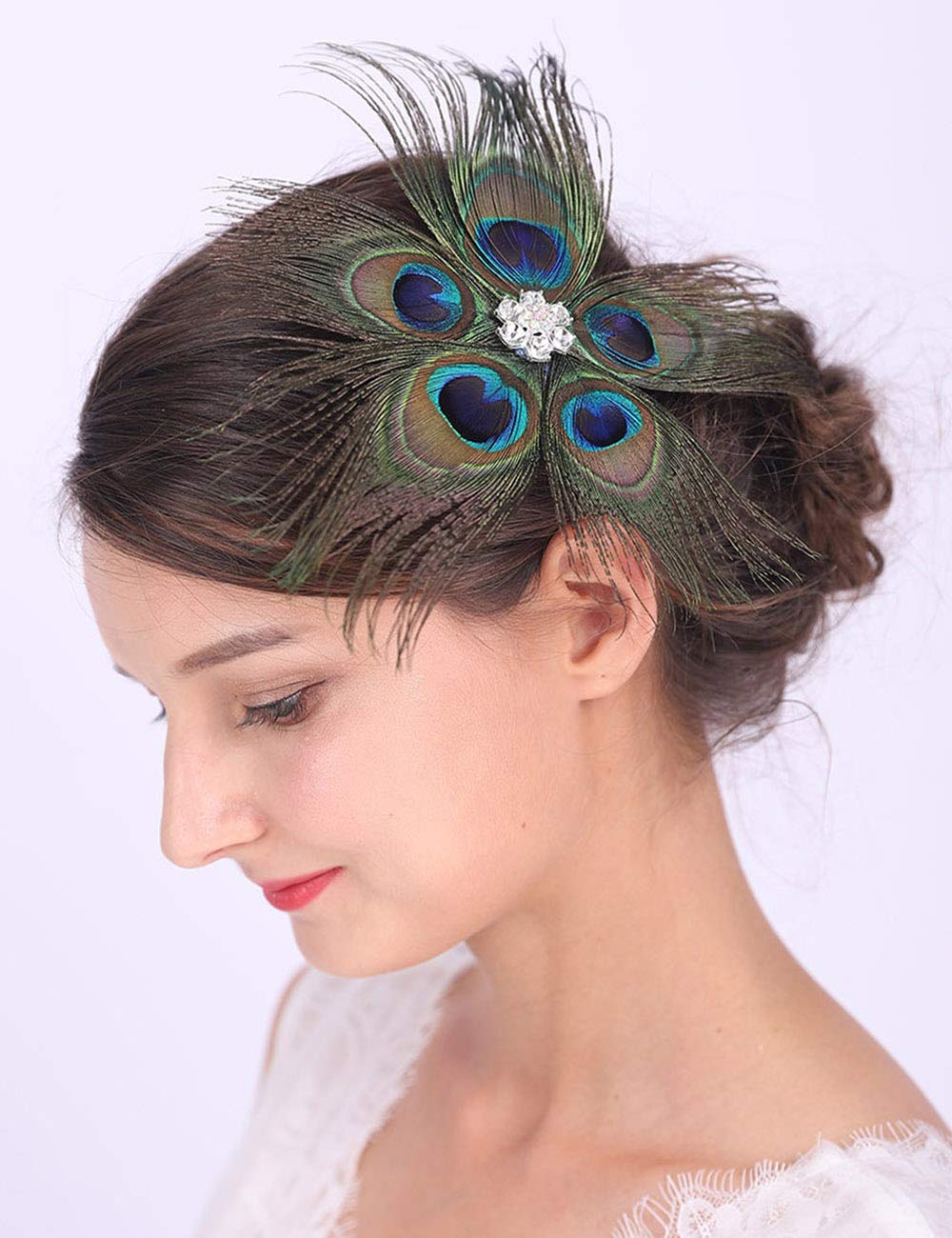 Teyglen 1920s Feather Headpiece Peacock Feather Hair Clip Feather Fascinator with Crystal Roaring 20s Flapper Headpiece Hair Jewelry for Women Girl (Style 1)