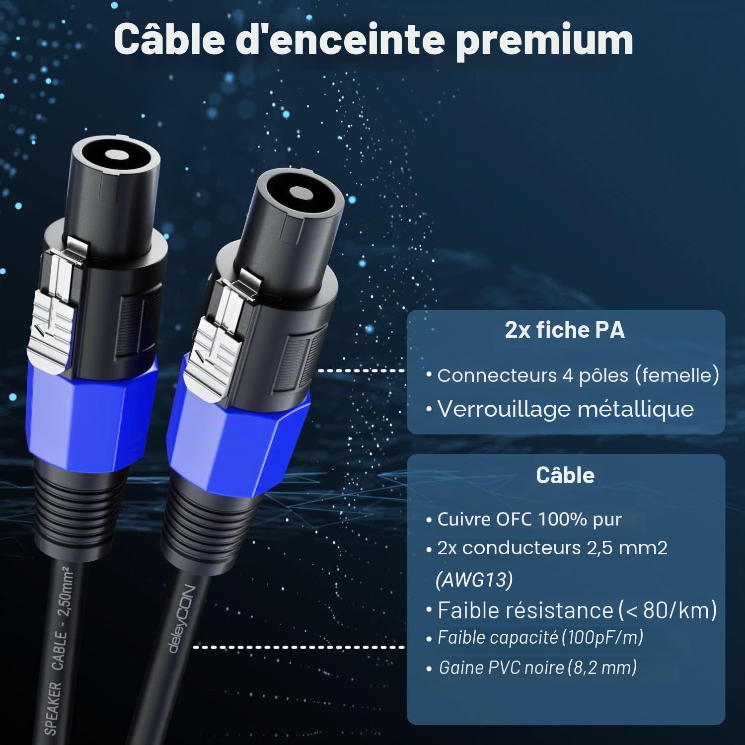 deleyCON 15m PA Câble haut-Parleur - Qualité Studio - en Cuivre OFC pur - Liaison pour haut-Parleur PA 2 Pôles 2x 2,5mm² (AWG13) 8,3mm - Verrouillage Métallique