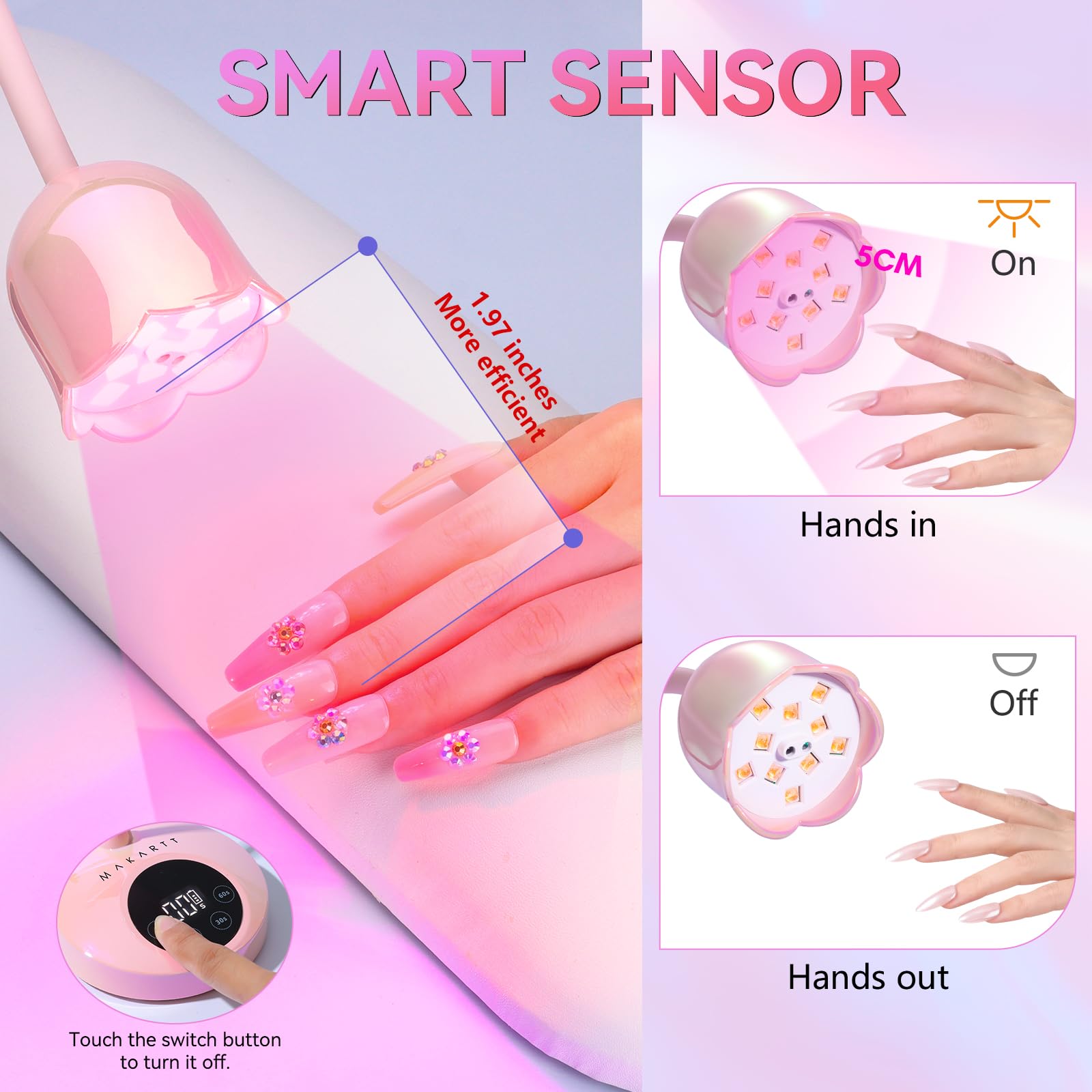 Makartt Cherie - Lámpara UV para uñas de gel, inalámbrico, USB, 30 W, con cuello de cisne, 4 temporizadores y sensor automático, secado rápido profesional para esmalte de uñas en gel