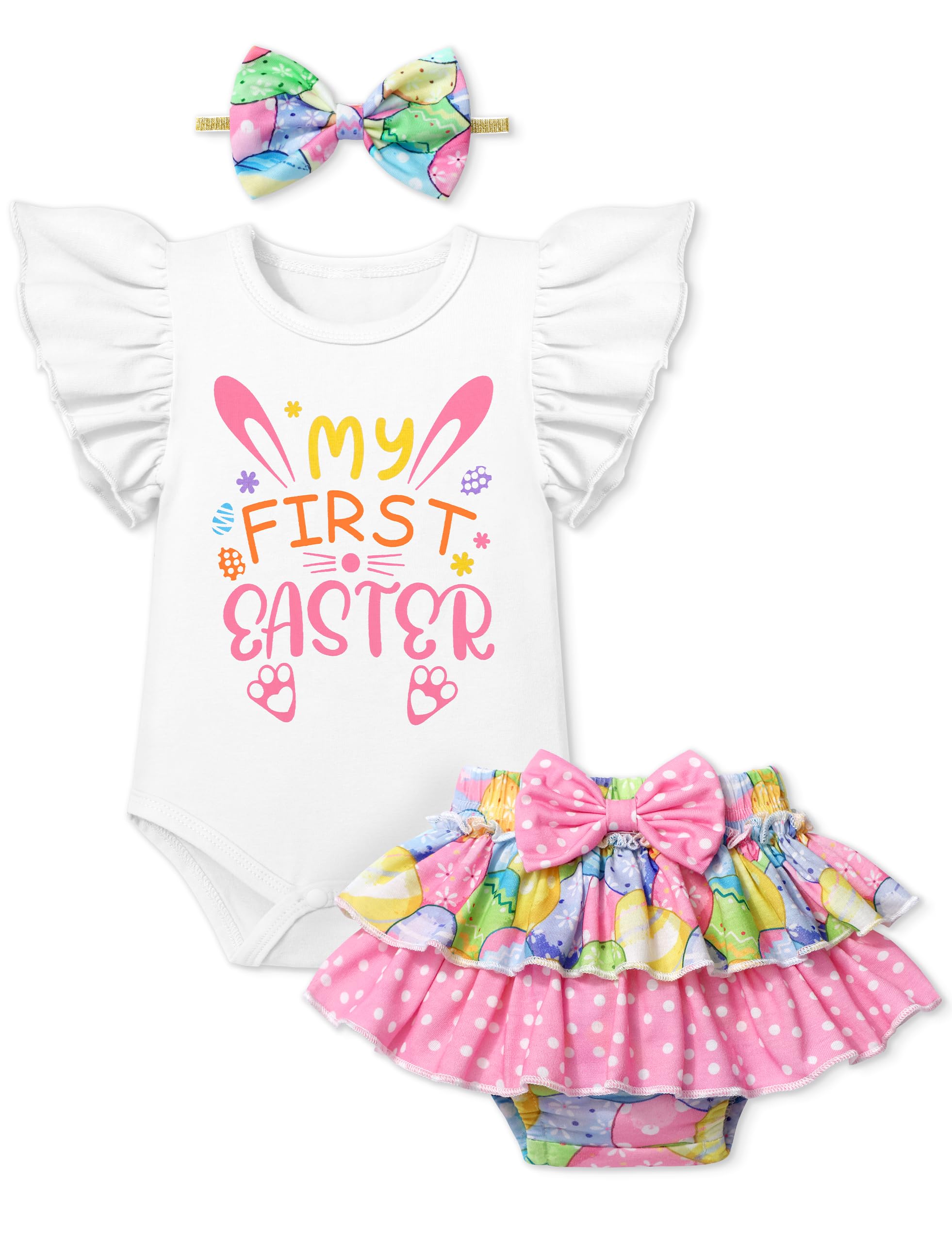 ADIFUN Baby Girl Clothes,Girl Summer Outfit Romper Sets Ruffle Short Sleeve Top+Shorts+ Bow Hairband 3Pcs Set