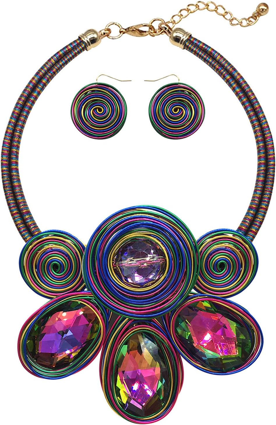 Chunky African Statement Necklace For Women Tribal Fashion Costume Jewelry Earring Sets Unique Colorful Big Rhinestone Crystal Pendent Collar Choker Bib Handmade