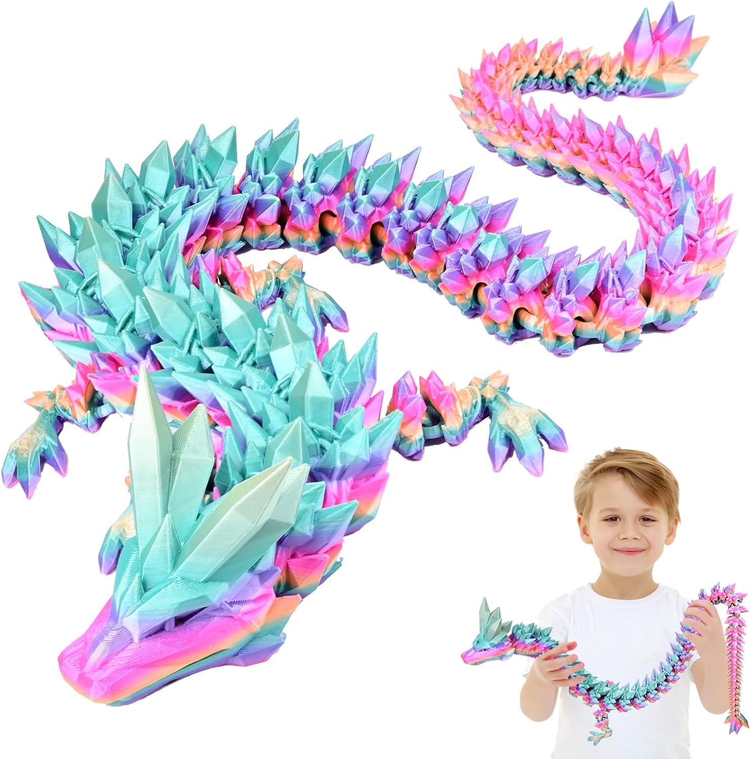 Large 30" 3D Printed Dragon, Articulated 3D Dragon Toys, Long Crystal Dragon, EasterBasket Stuffers for Kids and Teens, Unique Easter Gifts for Boys & Girls, Rainbow Color Change