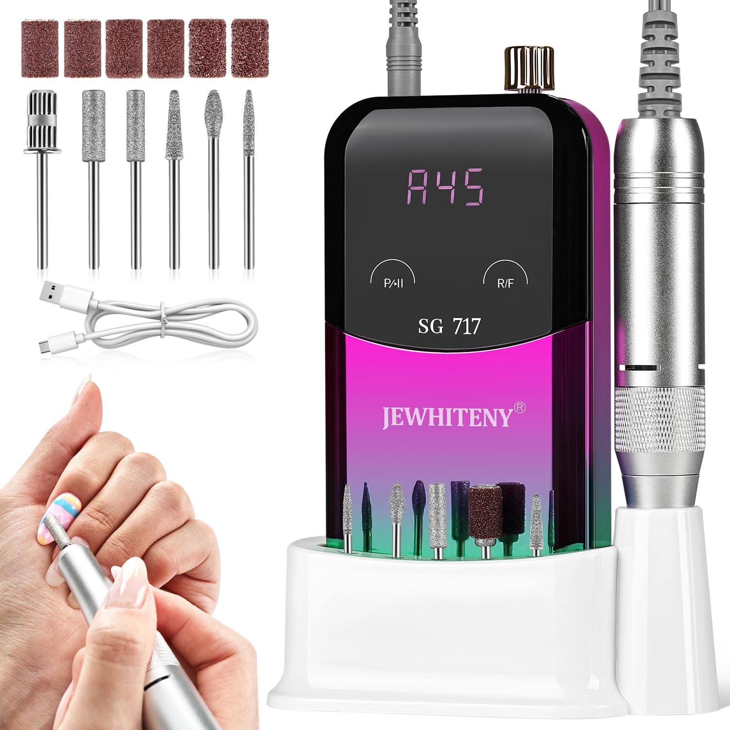 JEWHITENY Lime à ongles électrique portable SG717, 45 000 tr/min, professionnelle rechargeable, pour ongles en gel acrylique, pour enlever le vernis à ongles en gel (violet)