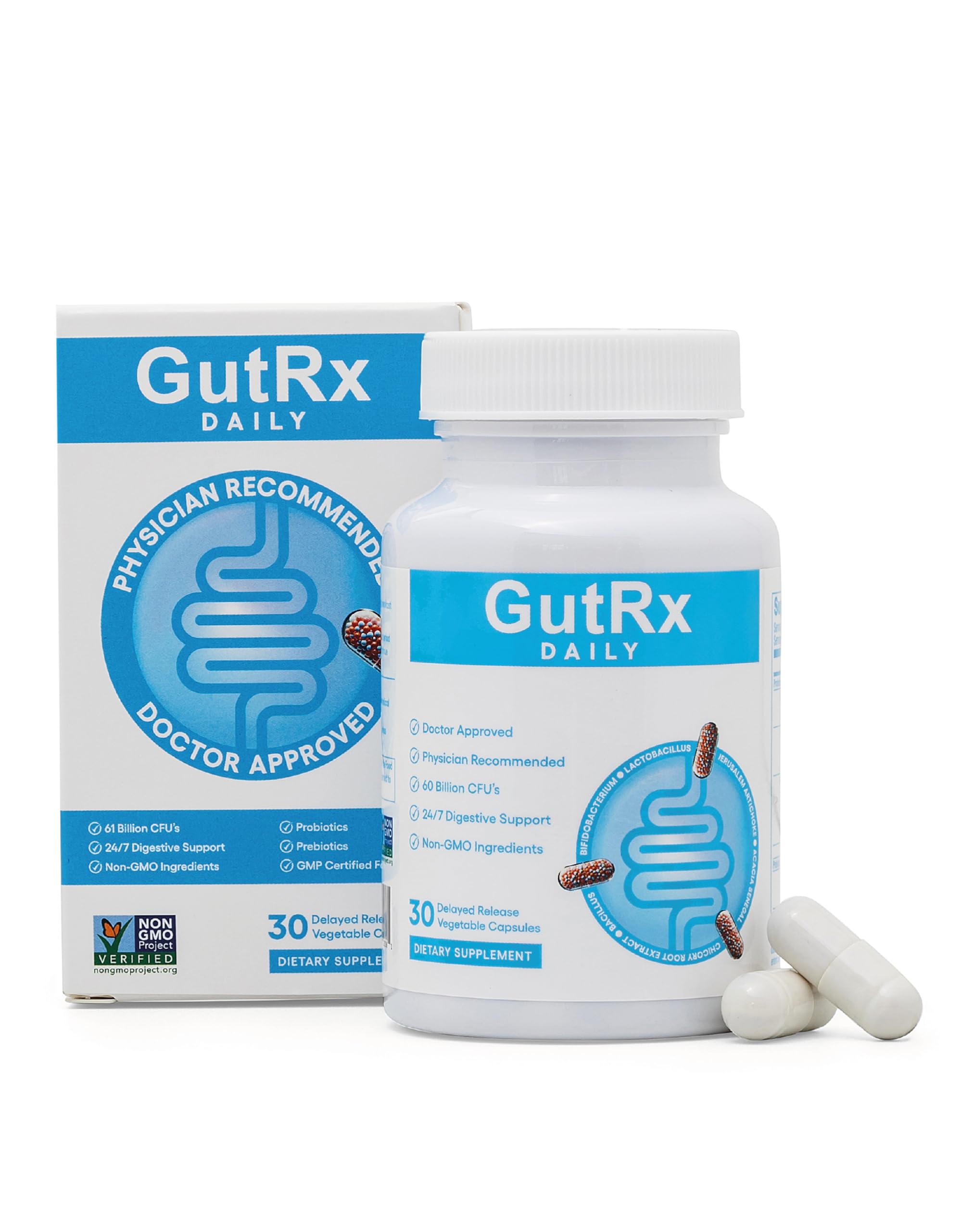 GutRx Probiótico com Bifidobacterium Longum, Bifidobacterium Lactis, Bifidobacterium Bifidum e prebióticos, 61 bilhões de UFC, 30 cápsulas