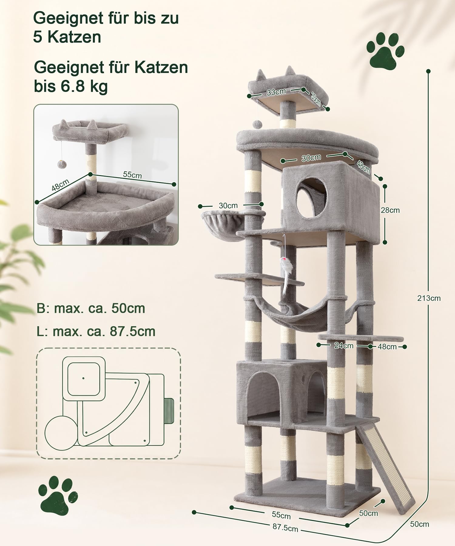 Kratzbaum, 210 cm hoch, Katzenbaum für große Katzen | Kratzbaum Groß, XXL Mehrstöckiger Katzenkratzbaum mit 2 großen Höhlen, 2 Plattformen, Kratzbrett, Hängematte, Sisal Kratzbaum