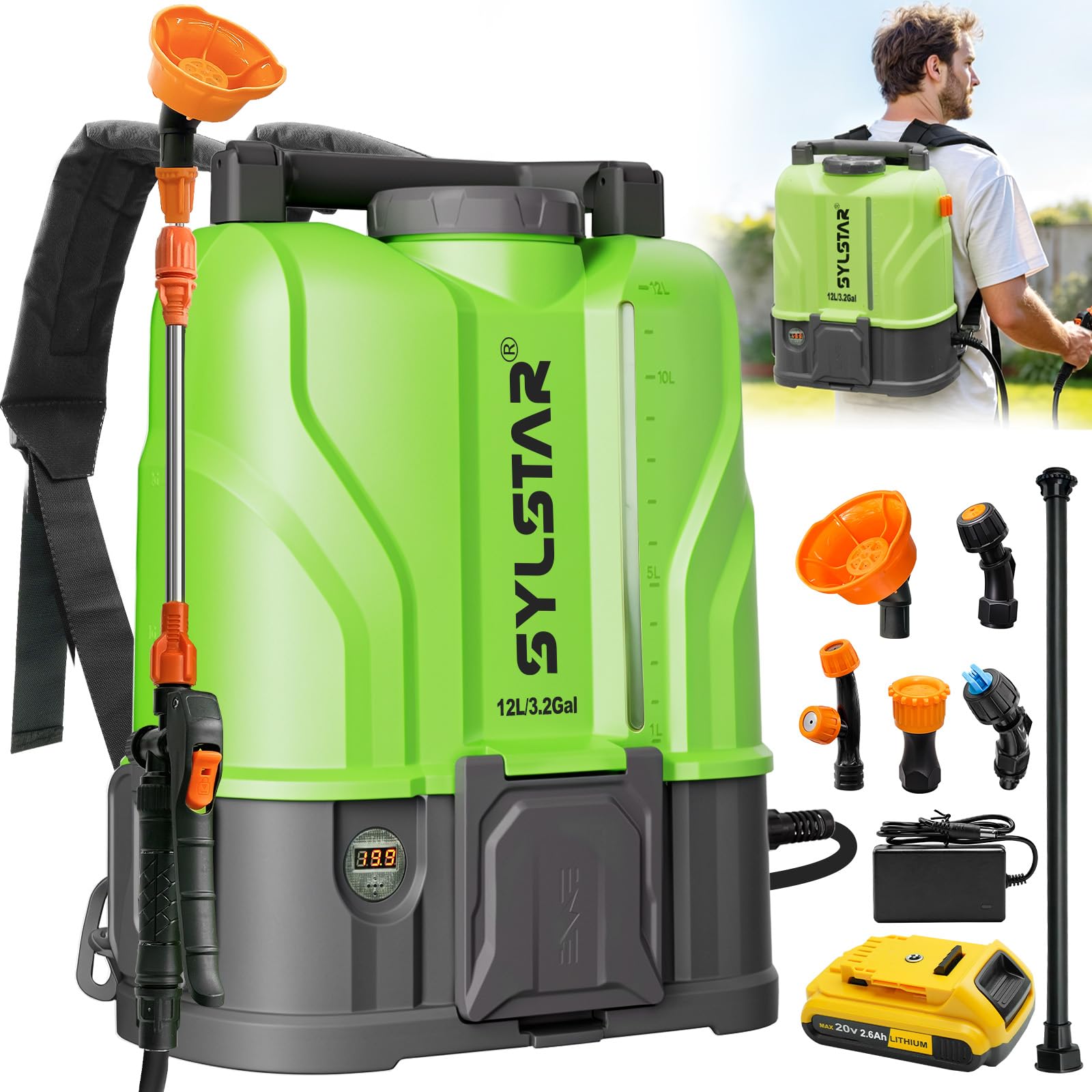 SYLSTAR Pulverizador Electrico 12L, 7Bar Potente Sulfatadora Bateria Compatible con DeWalt 18V, 5 Boquillas Pulverizador Bateria con Fuerza de Pulverización Ajustable (con Cargador)