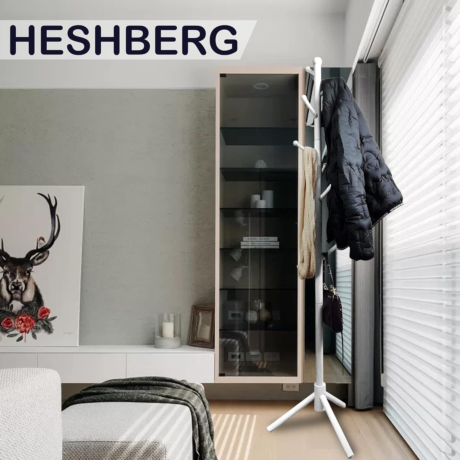 Heshberg Coat Rack Freestanding Wooden Hanger Stand, 8 Hooks Storage Shelf Organizer Home and Office Entryway Furniture for Hanging Coats, Cloth, Hat, Purse, Bag, Scarf, Jacket, (White): Home Improvement