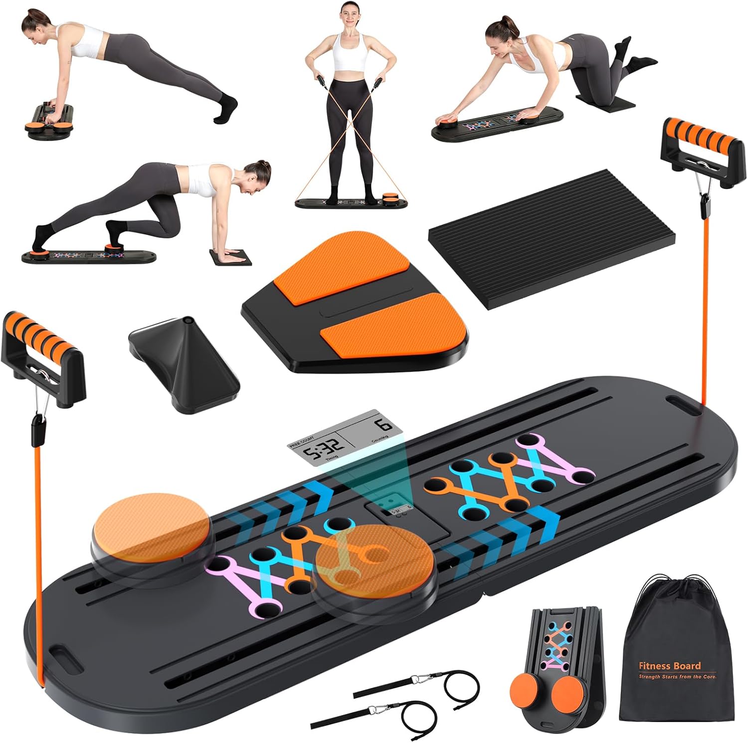 Pilates Board - Pilates Reformer Set, Portable and Foldable Pilates Board for Home Workout, Multifunctional Pilates Board for Women, Pilates Reformer Machine for Home Exercise Black Orange