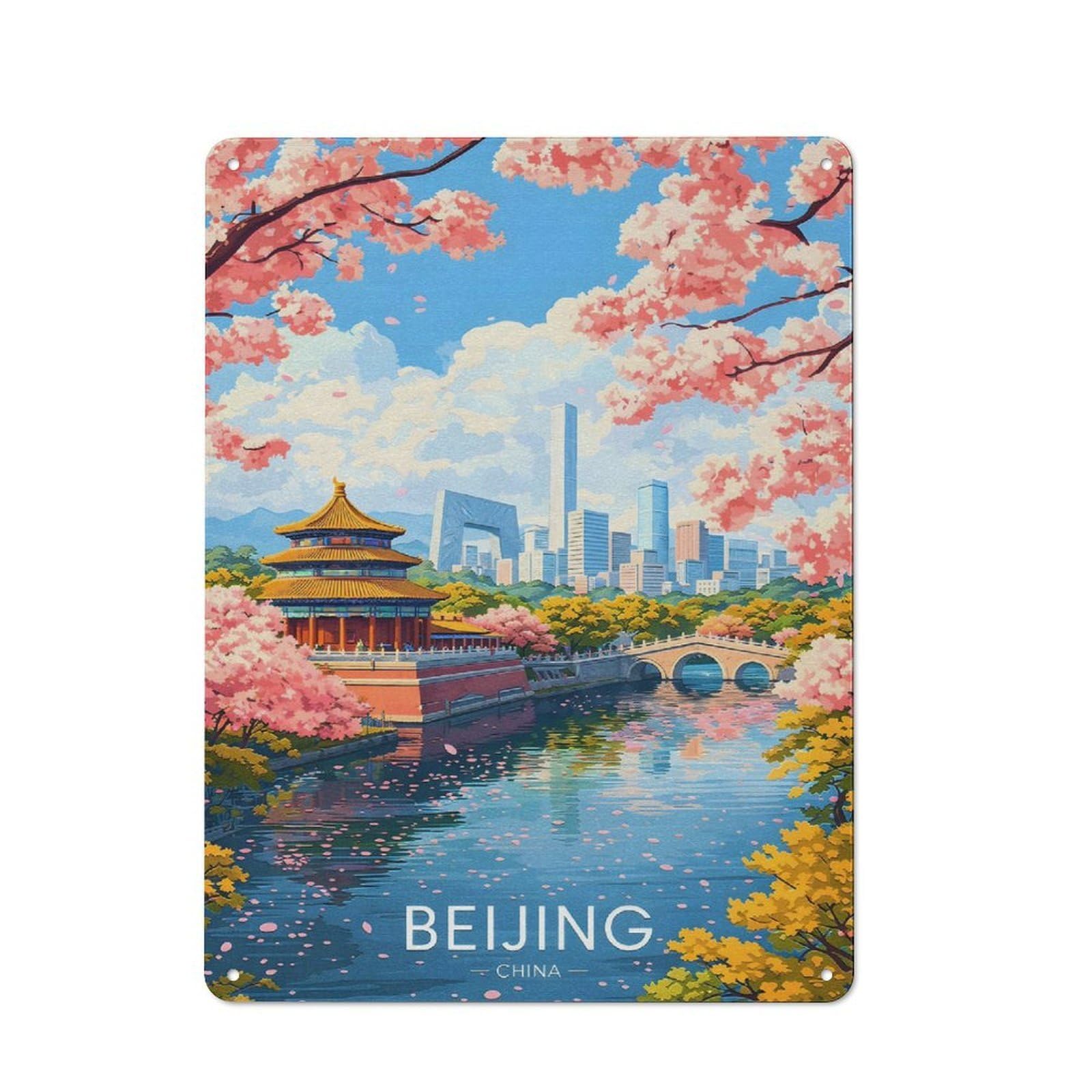 Junmoney Style-13 Beijing Cityscape With Cherry Blossoms Vintage Metal Wall Decor 40X30cm, Tin Sign For Cafe, Pub, Workshop Or Home Bar, Small Accent For Blank Walls
