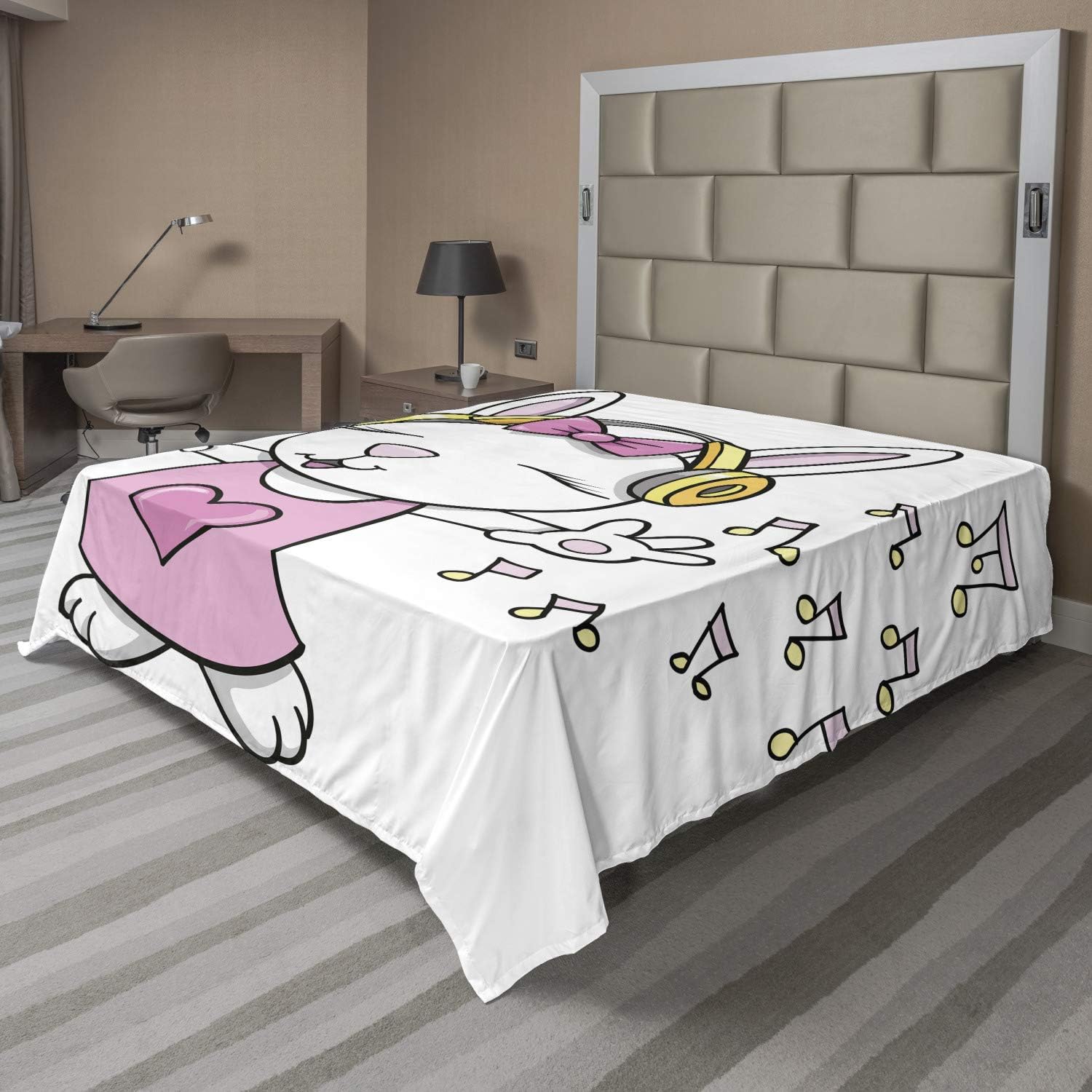 Ambesonne Bunny Flat Sheet, Rock Star Rabbit Animal Speakers Music Notes Girls Humor Heart Cartoon, Soft Comfortable Top Sheet Decorative Bedding 1 Piece, Full Size, Pale Pink Yellow