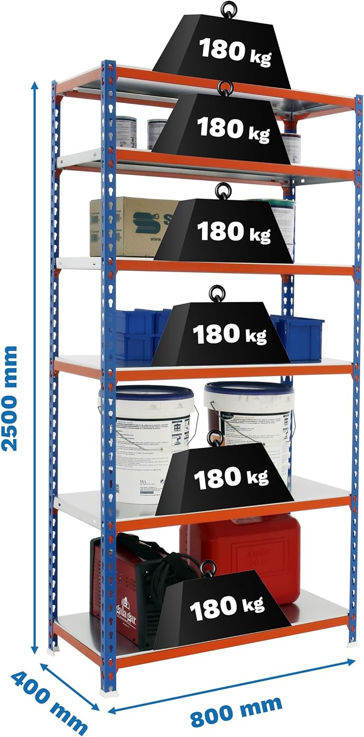 Simon Rack Metal Shelf, 2500x800x400 mm, 6 Heights, Metal Tray, 180 kg Flex Point, Storage Shelf, Blue/Orange/Galva - Simonclick
