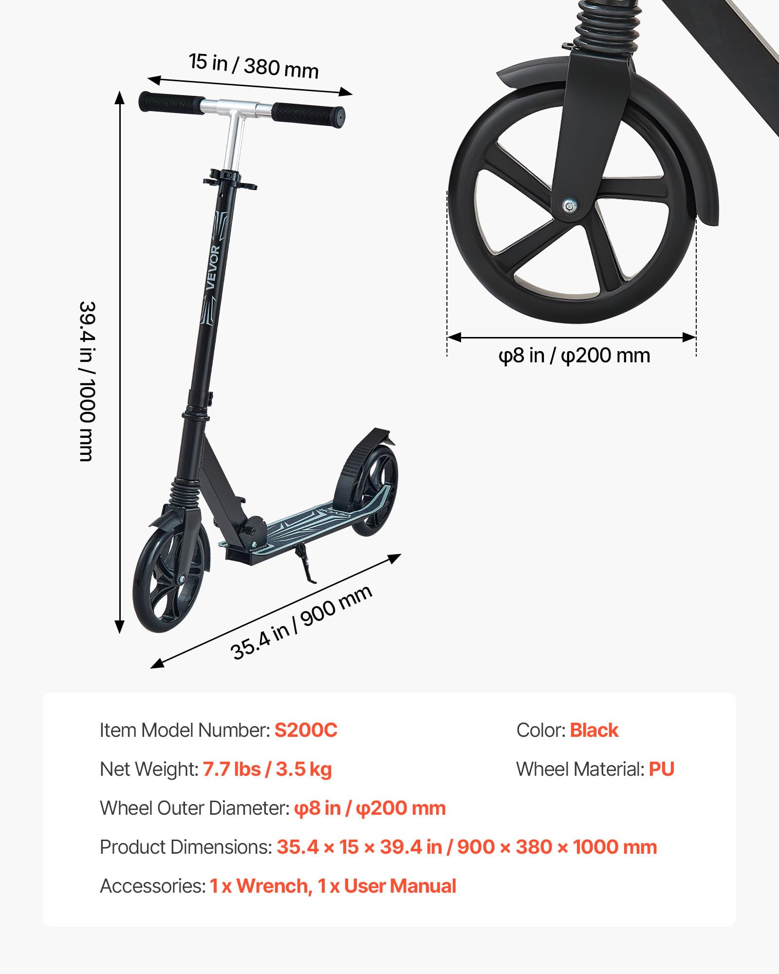 VEVOR Monopattino con 2 Ruote per Bambini da 8 Anni, Monopattino Pieghevole per Movimento della Città Carico max. 100kg Altezza Regolabile a 3 Livelli, Pedana Antiscivolo e Freno a Pedale, Nero