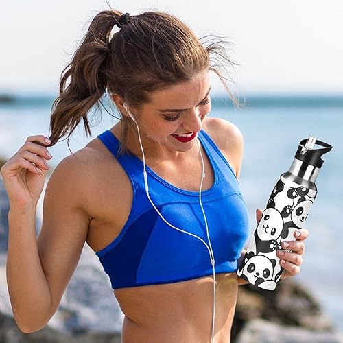 Miniatura 2 de Botella de agua Panda para niños, con tapa de pajilla, a prueba de fugas, lindo estampado de animales, botella de agua aislada de acero inoxidable