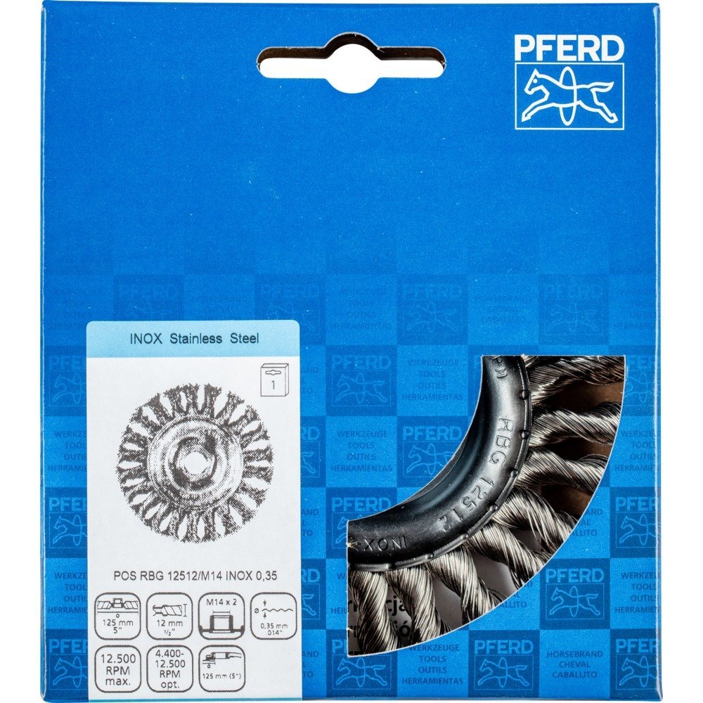 Pferd Cepillo de Alambre Redondo 125 millimeters, Ancho 12 millimeters, Alambre Trenzado Inox 0,35, Rosca M14 x 2