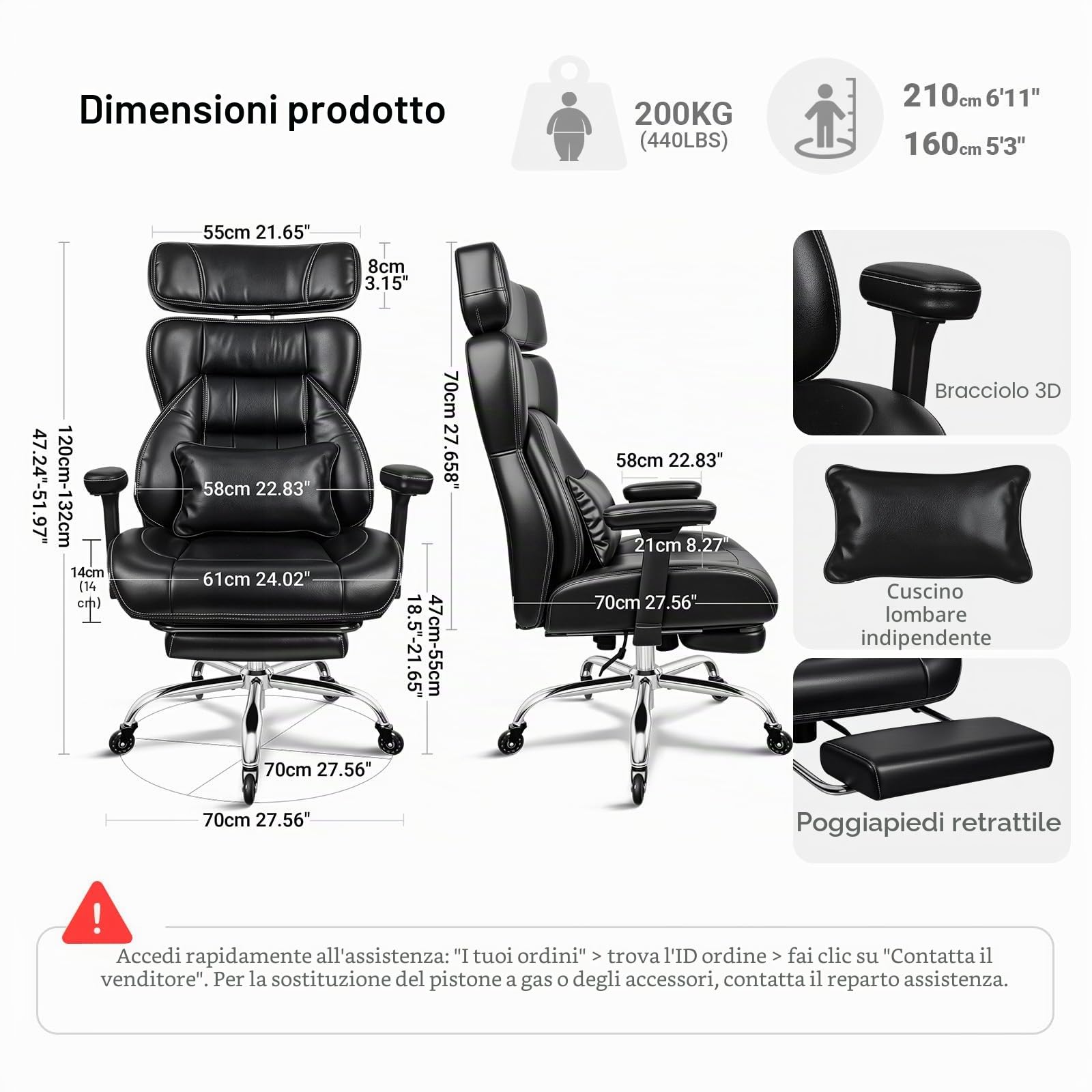 BASETBL Sedia da Ufficio 200 kg con Seduta XXL, Braccioli 3D e Poggiapiedi