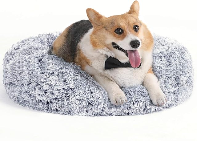 FEANDREA Dog Bed, Donut Cat Bed, Fluffy Calming Pet Bed with Removable, Washable Cover, Soft Long Plush, 70 cm, Grey