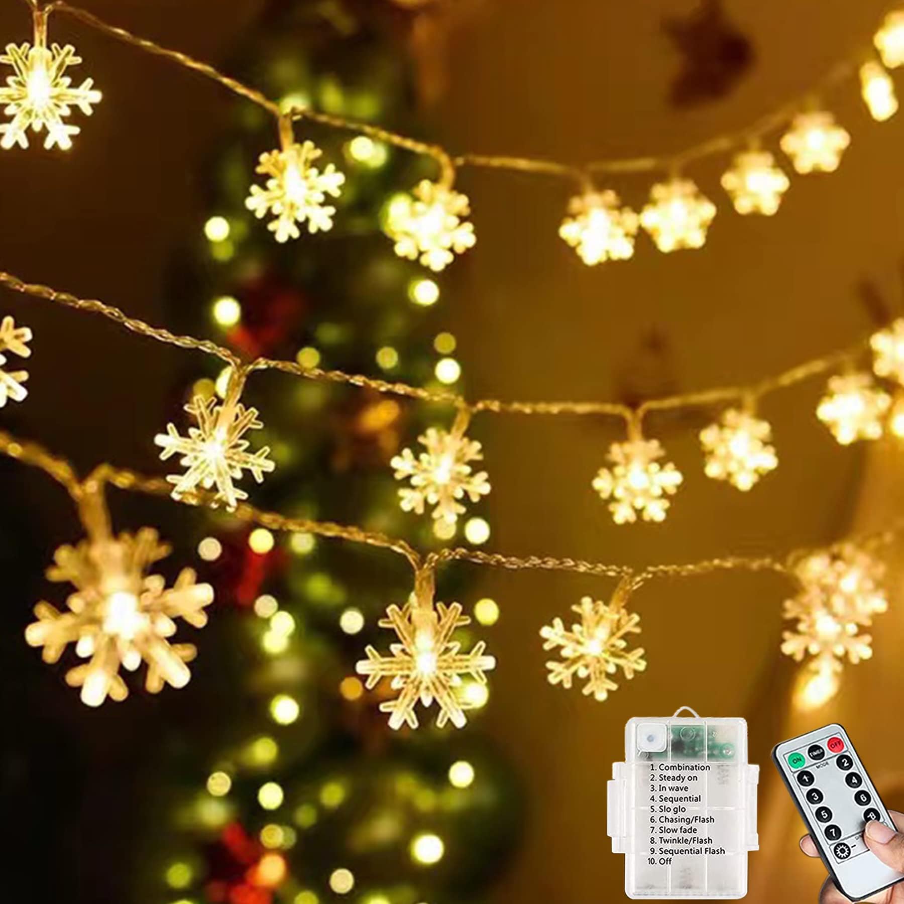 Fairy Lights Waterproof, 7M 60LEDs String Lights Battery Powered, 8 Modes Snowflake Lights Battery Indoor/Outdoor for Garden, Bedroom, Wedding, Birthday, Party, Christmas Decorations (Warm White)