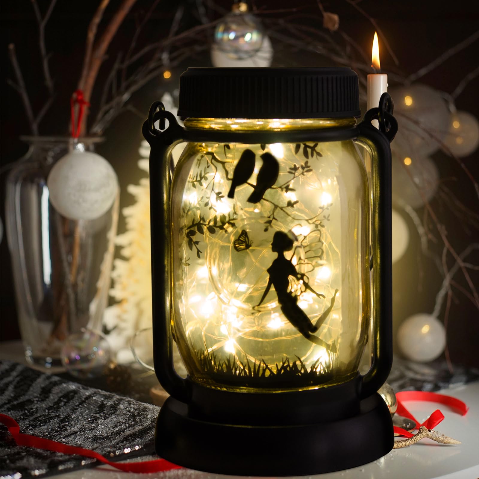 Solar Lanterns Outdoor Solar Fairy Lights 3in1 Garden Decor Solar Light Butterfly Angel Girl Gift for Women Sister Aunt Girls Fairy Tale Solar Lantern Gift Waterproof Jar Light Gifts for Fairy Lovers