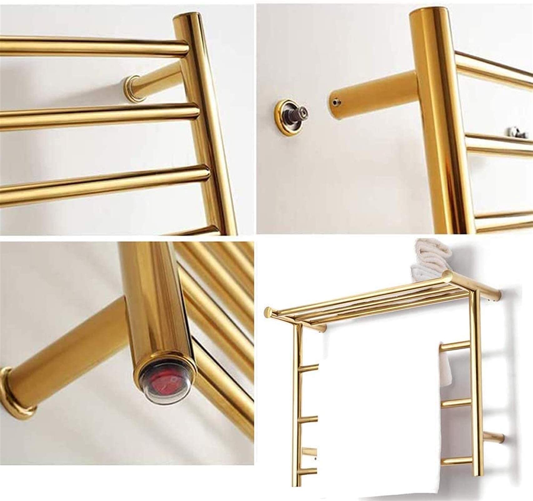 Toallero calefactable de Acero Inoxidable 304, radiador de Pared, toallero eléctrico con Estante para baño, Dorado, 3 Barras