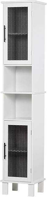 HOMCOM 6-Tier Retro Bathroom Cabinet w/Patterned Glass Doors Anti-Tilt Handles Melamine Coating 4 Legs Freestanding Tall Slim Tower Furniture Monochrome