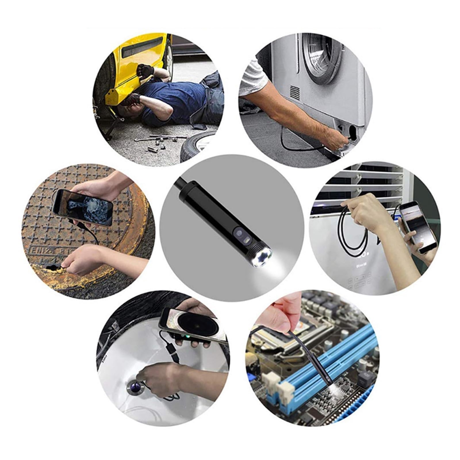 Industrielle Endoskopkamera 7 mm, IP67 wasserdicht, Inspektions-Boreskop, 6 LEDs, verstellbar, Kfz-Anschluss, USB Typ-C, Micro-USB
