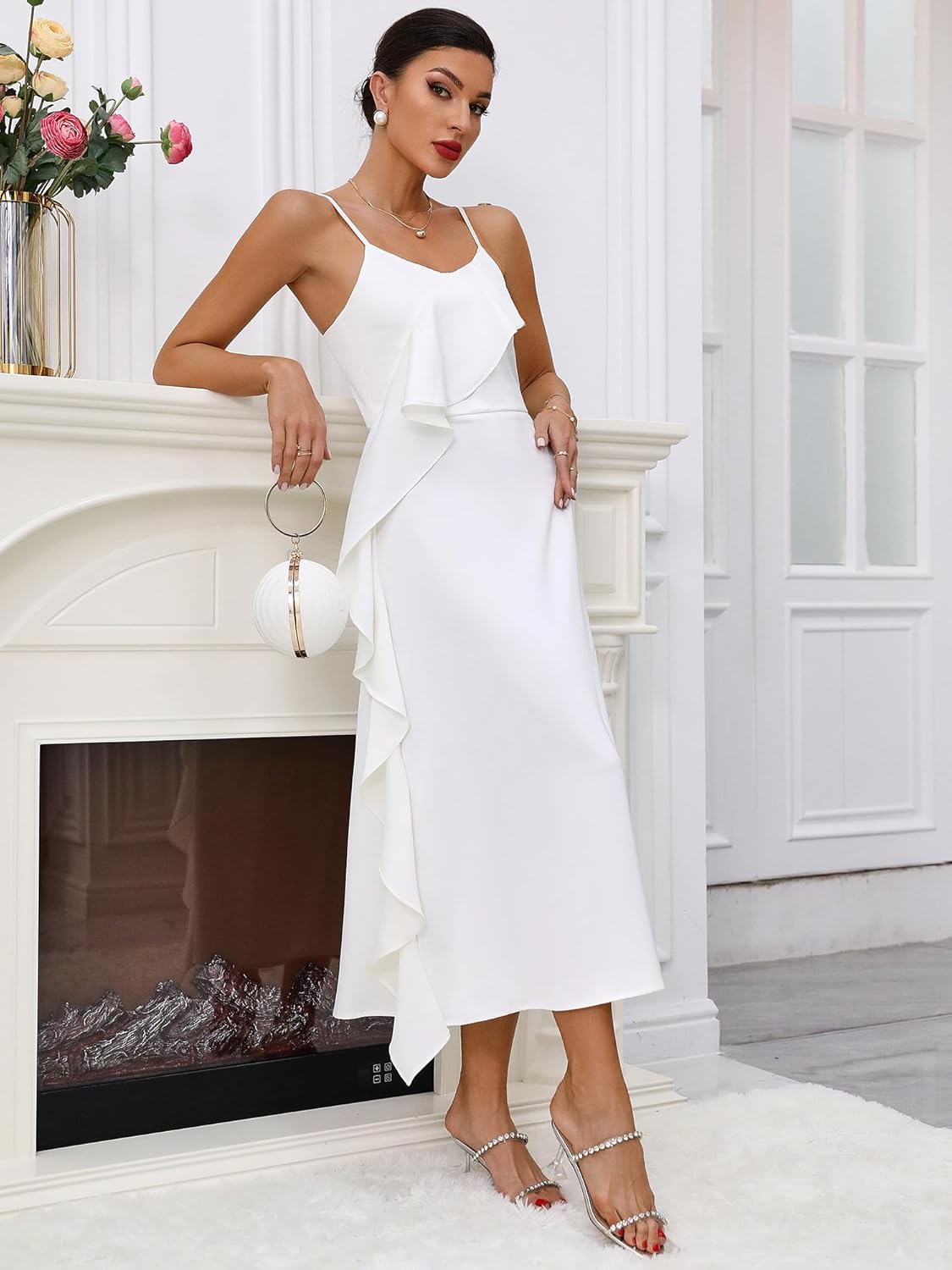 Women's Spaghetti Strap Midi Satin Silk Dresses Ruffle A Line Party Cocktail Evening Formal Dress - Image 4