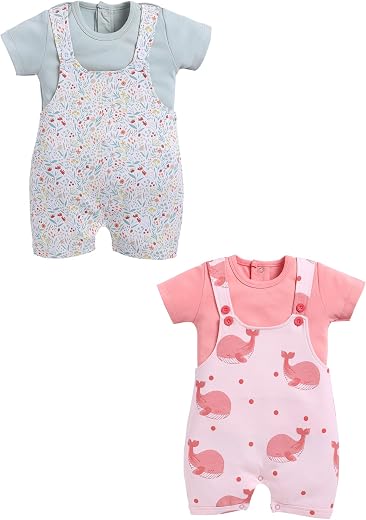 100% Cotton Half Sleeve Dungarees for New Born Baby Boys &amp; Girls|6-12M|LIGHTGREEN|Infant Clothes| Pack of 2
