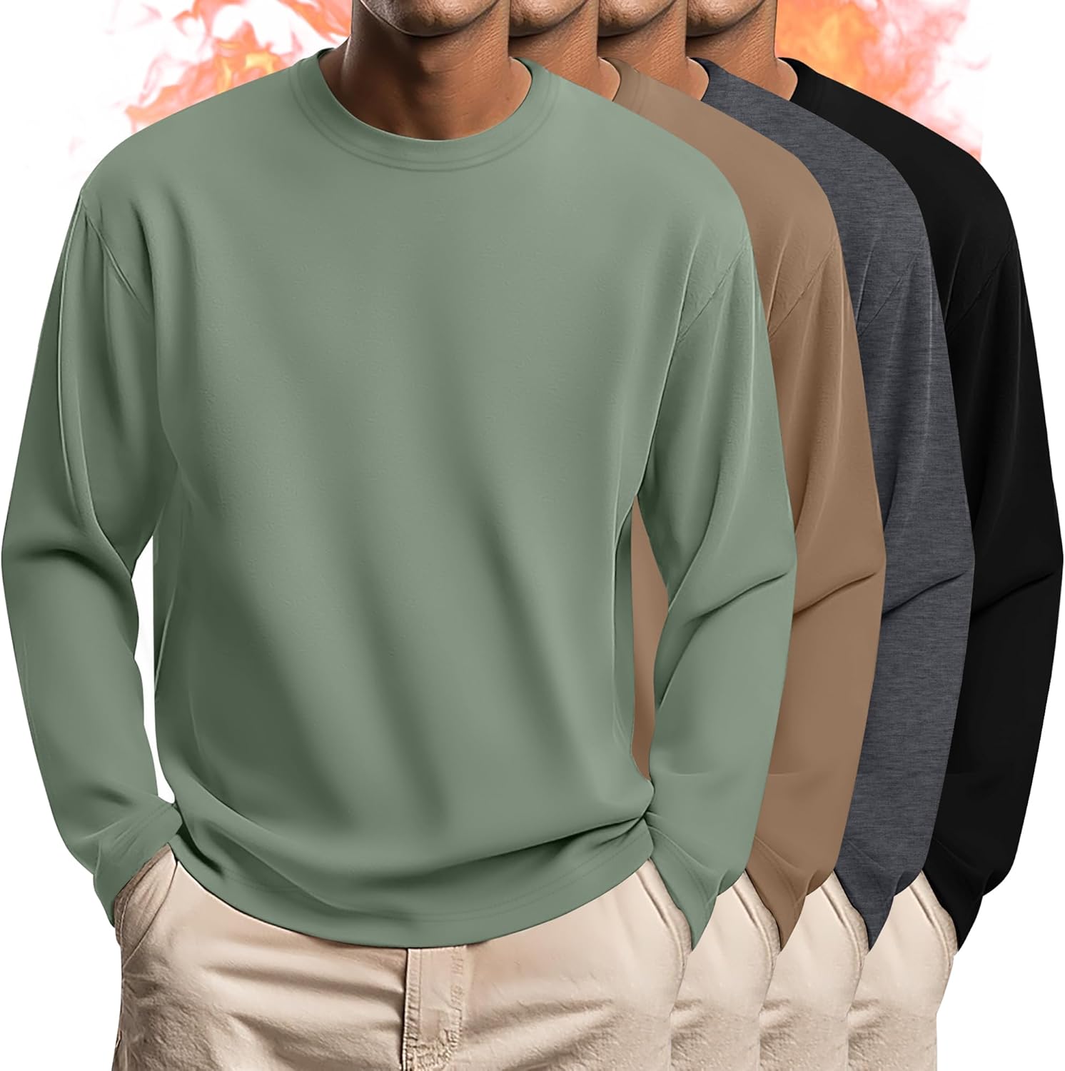 4 Pack Mens Big and Tall Thermal Shirts Fleece Lined Long Sleeve Loose Fit Undershirts Crewneck Casual Plus Size Top
