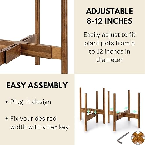 Miniatura 3 de Fox & Fern - Soporte para plantas de mediados de siglo, ancho ajustable de 8 a 12 pulgadas, madera trenzada (sin maceta)