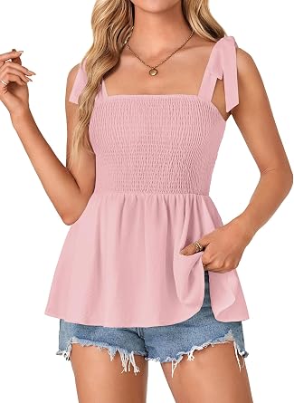 Vrtige Womens Square Neck Tie Shoulder Sleeveless Babydoll Peplum Blouse Tank Top