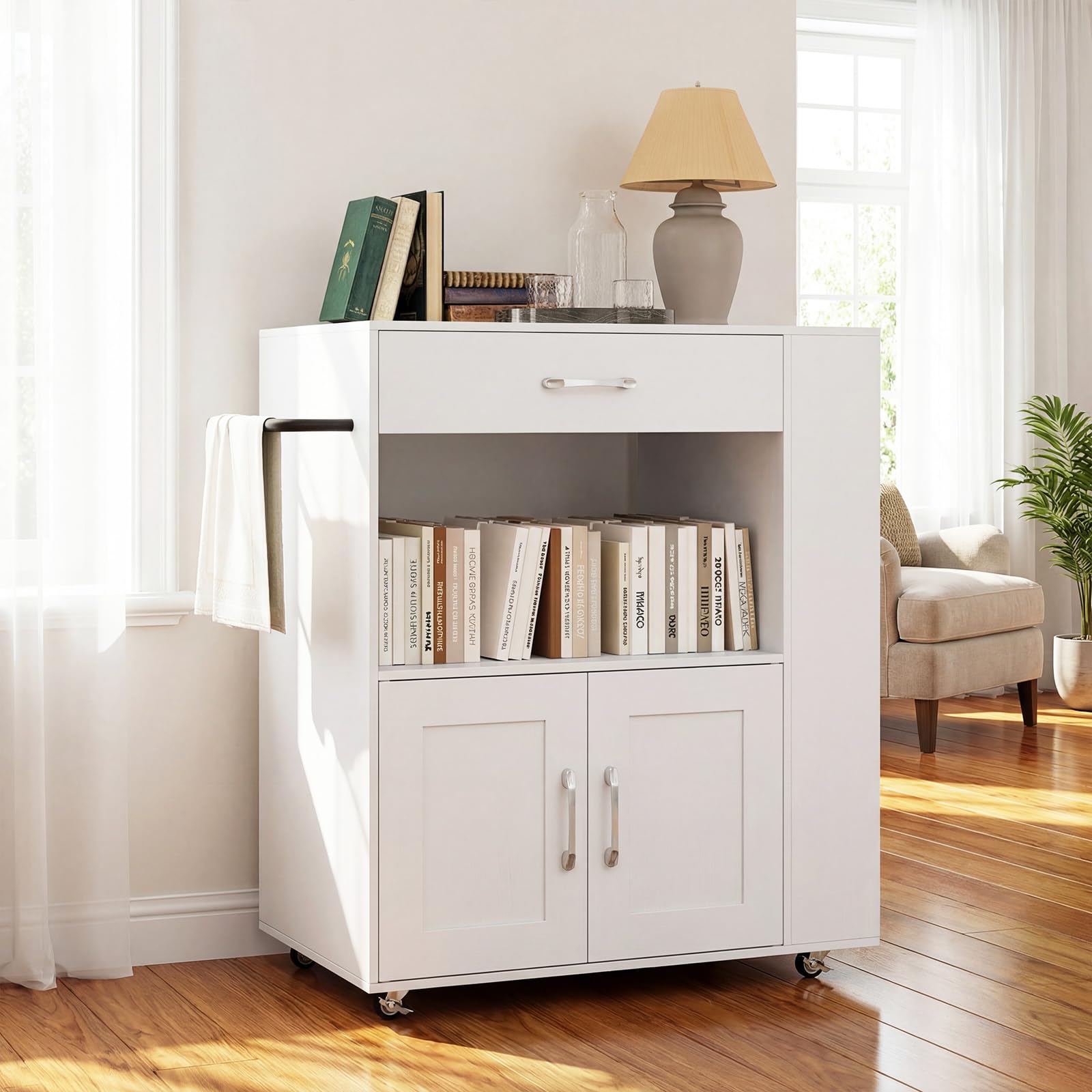 COSTWAY Desserte de Cuisine sur roulettes (2 Verrouillables), îlot de Cuisine avec 3 Support à Épices, Chariot de Service Armoire 1 Tiroir Étagère Ouverte, 46 x 75 x 90,5 cm (Blanc Pur)