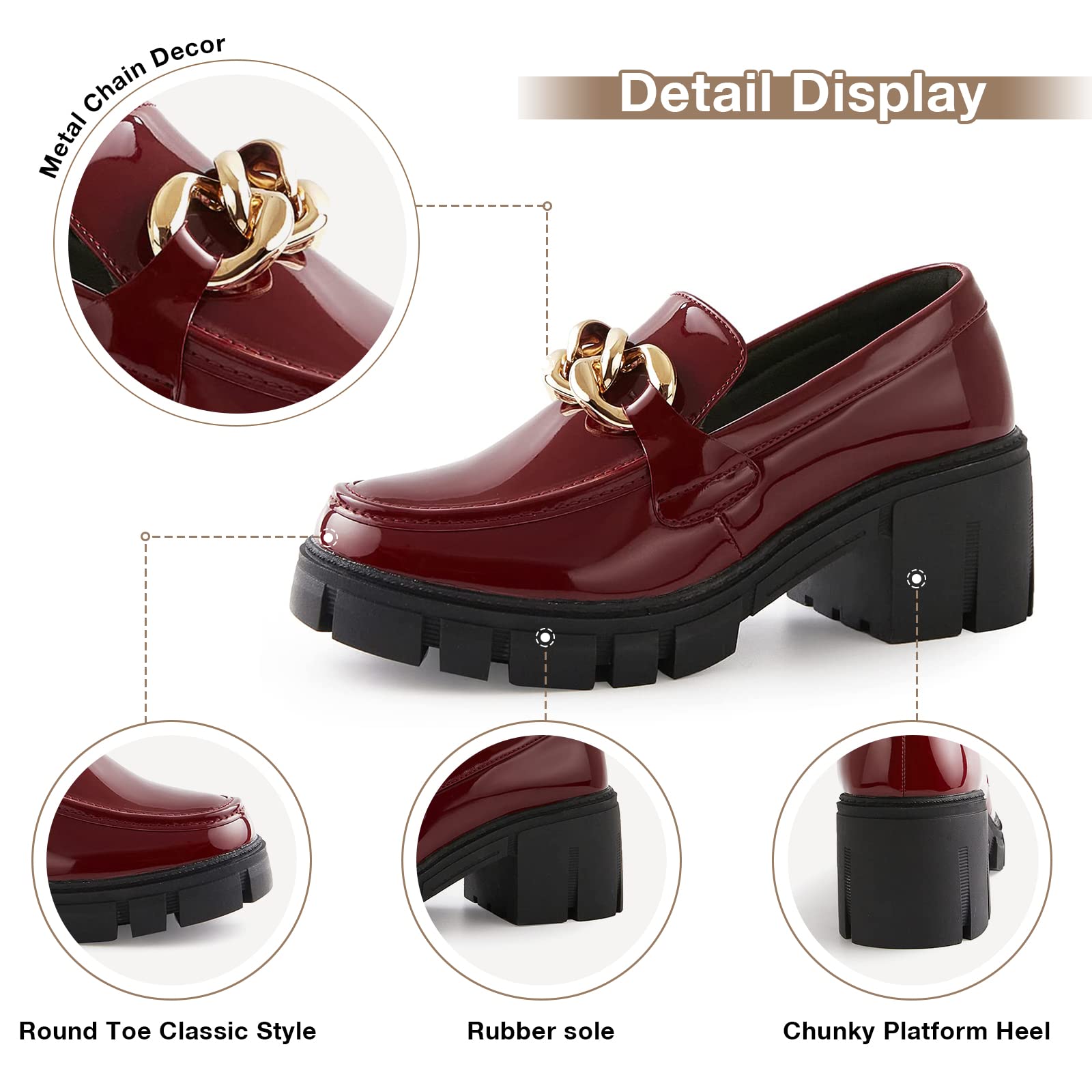 TINSTREE Platform Loafers for Women with Chain Comfort Chunky Heel Slip On Round Toe Business Work Shoes