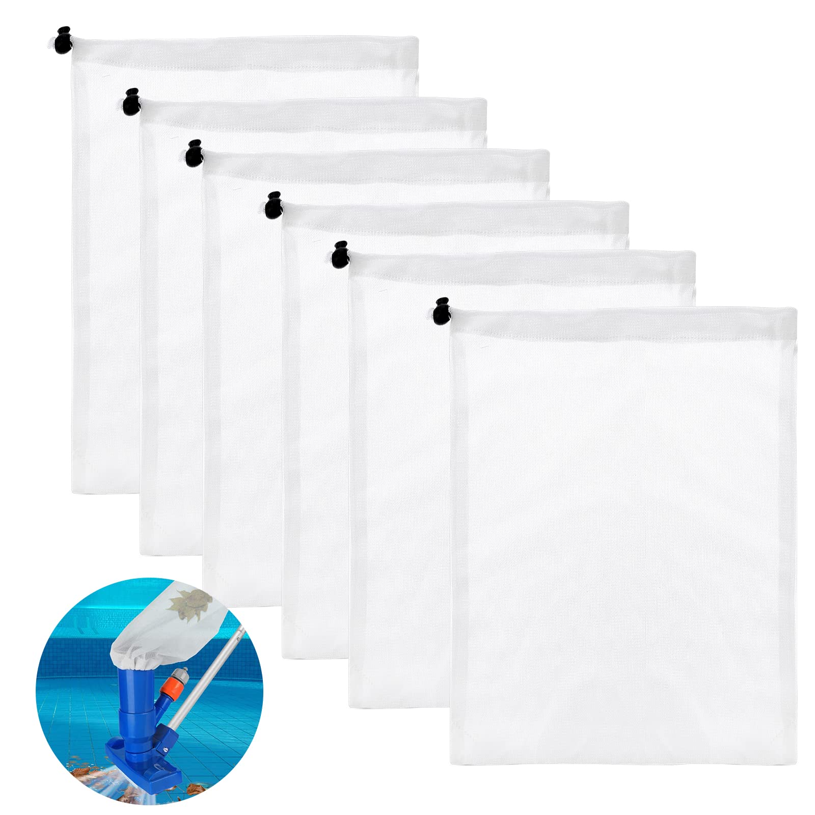 Thinp 6 Pack Fine Mesh Bags for Pool Leaf Vacuum, 9.8 x 12.2 Inch Pool Vacuum Net Bag Replacement Bag with Pull & Lock Cord Fine Mesh Filter Bags for Pool Aquariums Ponds Leaf Catcher
