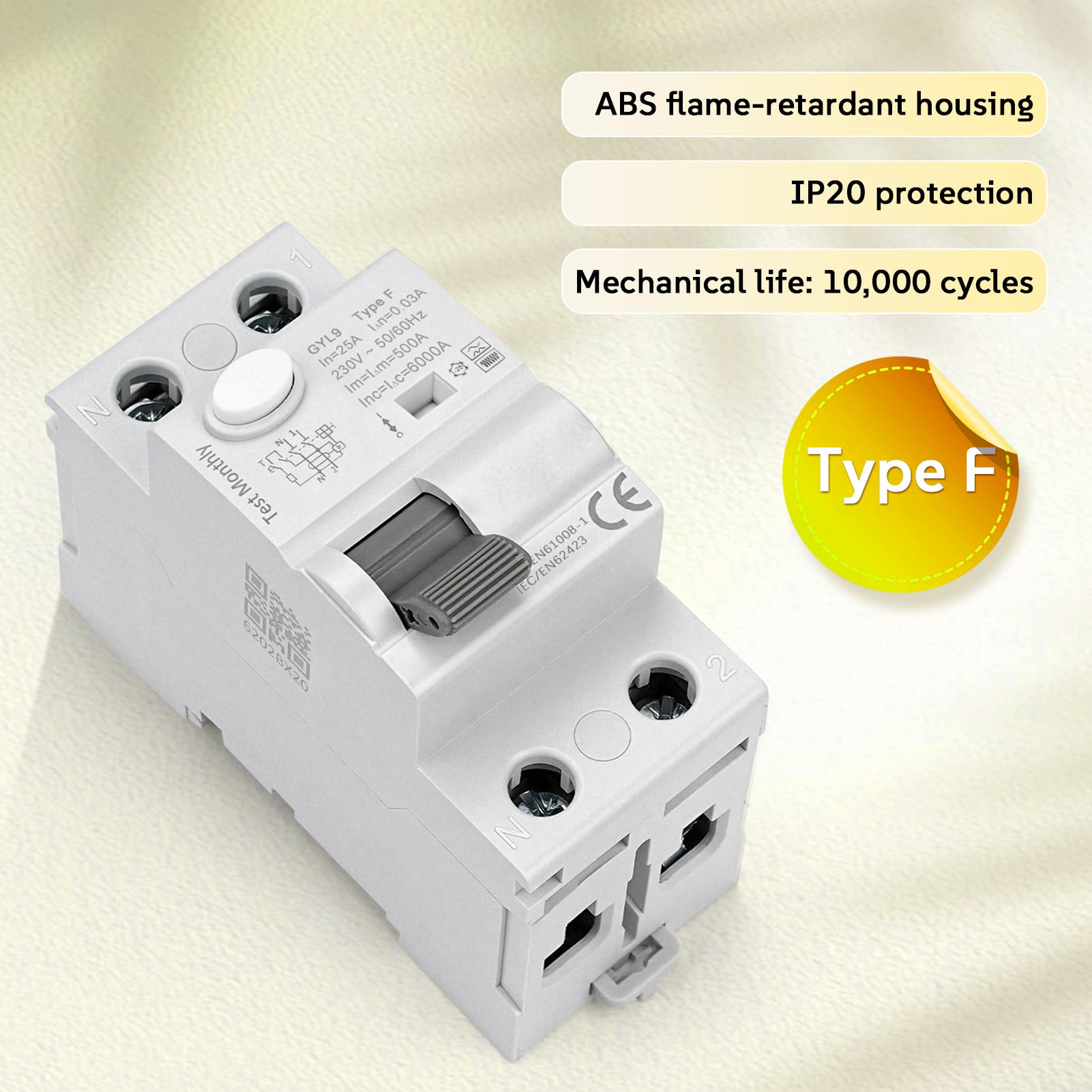 Interruttore Differenziale Magnetotermico 25A 30mA AC230V 2P Magnetotermico Differenziale Tipo F 6kA, per carichi monofase a frequenza variabile condizionatori d'aria lavatrici pompe idrauliche GYL9