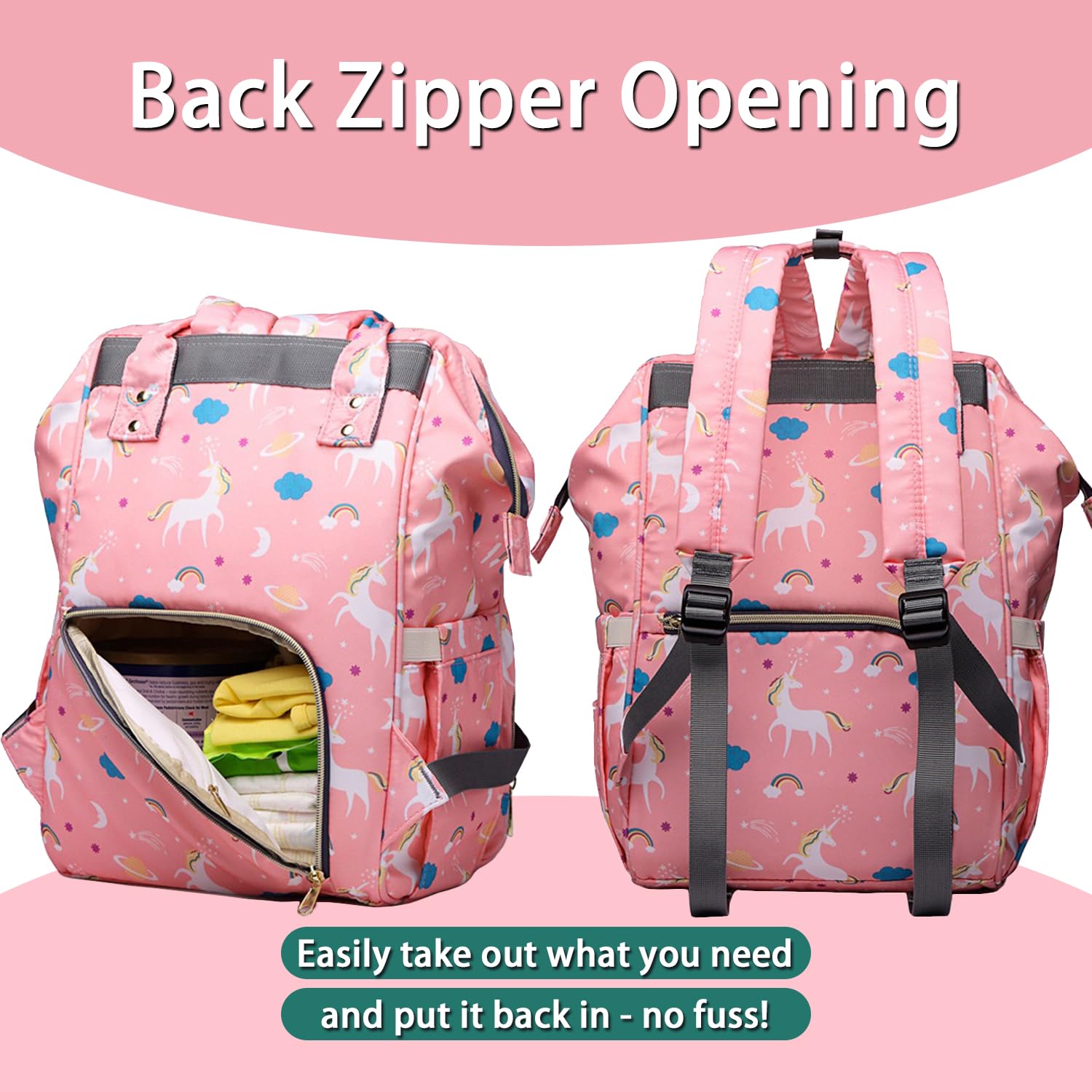 Borsa per pannolini zaino per mamma papà, borsa per cambio maternità, zaino per pannolini con cinghie per passeggino, Unicorno-rosa, 15.7" x 11.8" x 7.8", Classico
