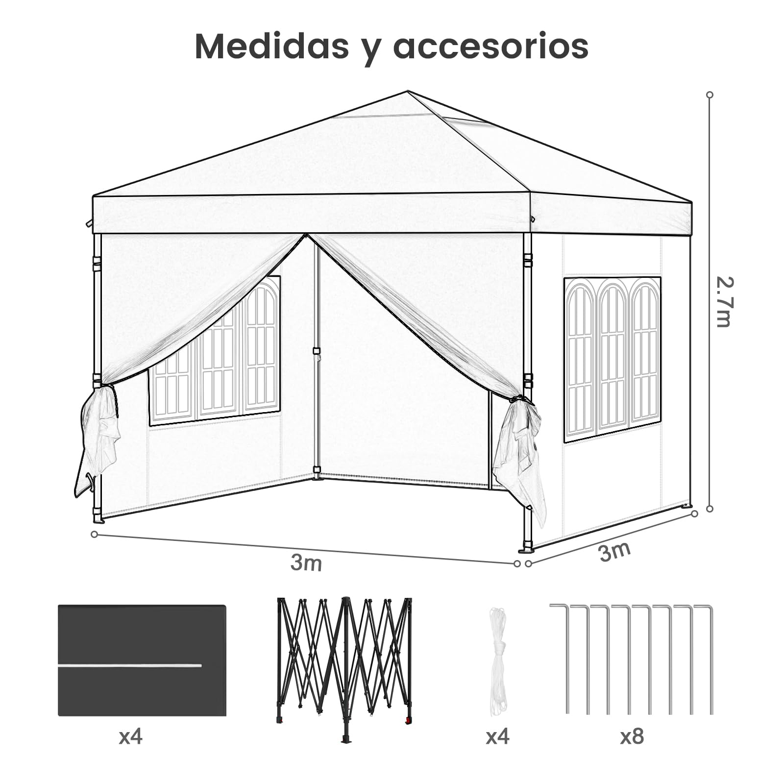 Laneetal Cenador 3x3m, Carpa Plegable para Exterior, Cenador con Paredes Laterales, Gazebo, Pabellón de Jardín para Camping, Pérgola Tienda de Fiestas, Carpa Impermeable,Antracita